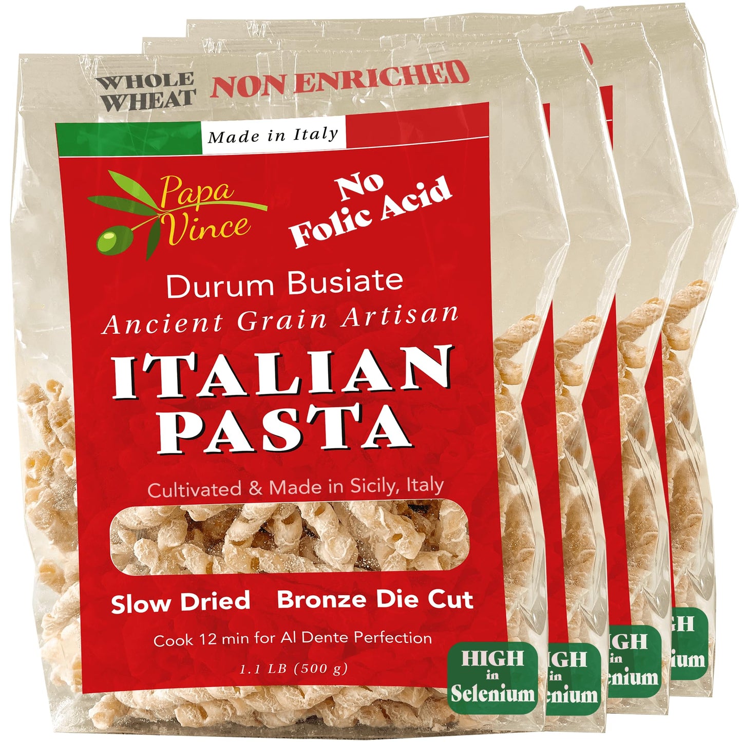 Papa Vince whole wheat pasta - Non Enriched, No Bleached made from ancient grains grown in Sicily, Italy. No funny taste. Al den