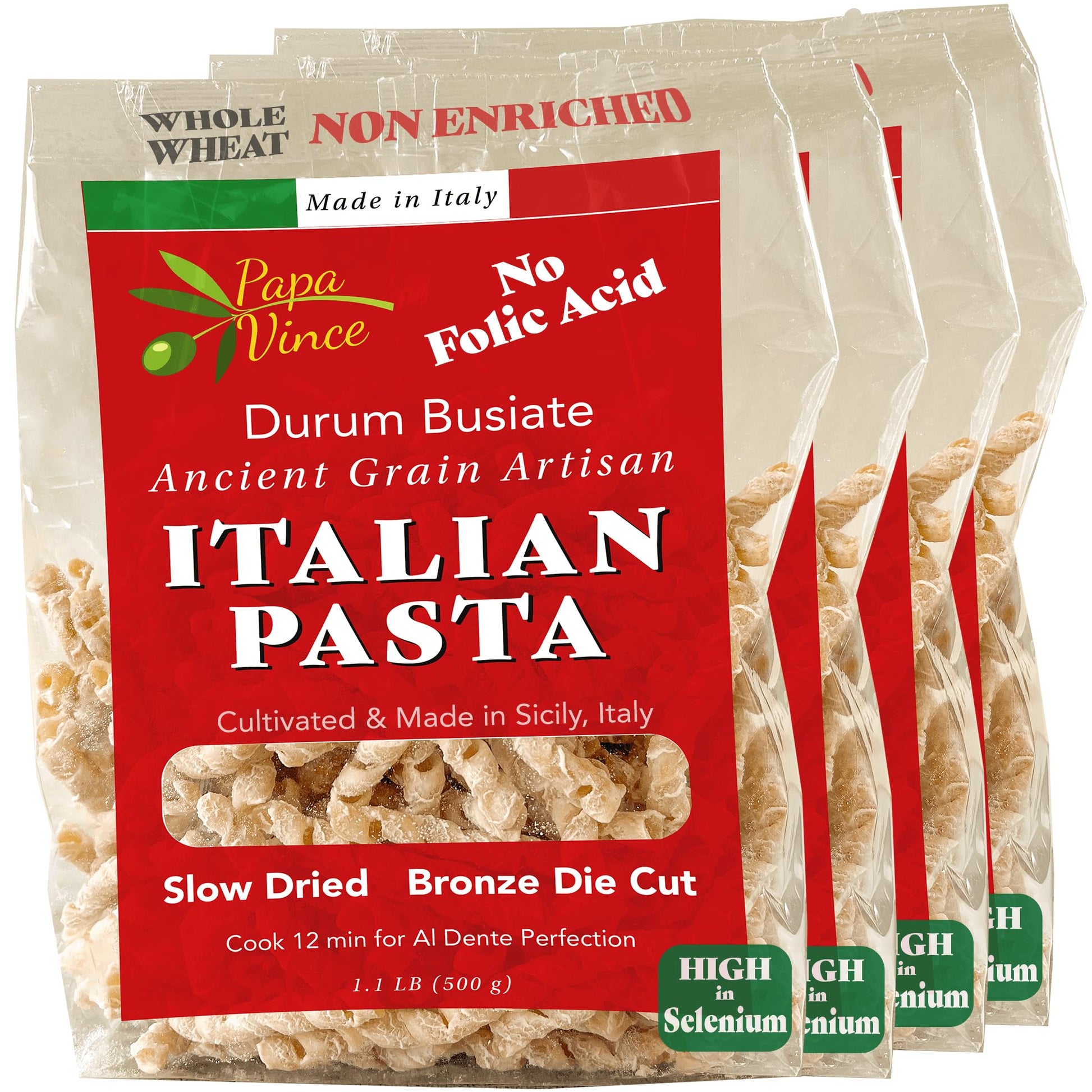 Papa Vince whole wheat pasta - Non Enriched, No Bleached made from ancient grains grown in Sicily, Italy. No funny taste. Al den