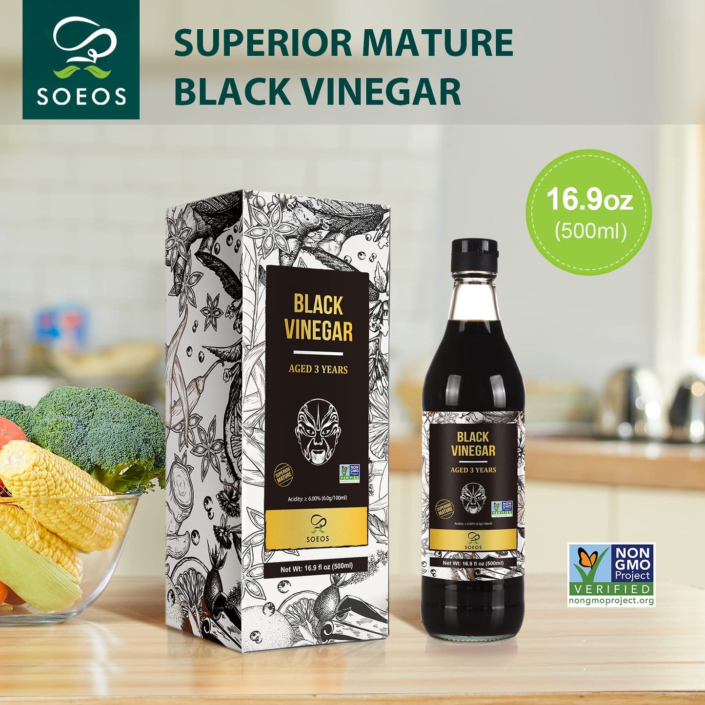 Soeos Chinkiang Vinegar 16.9 Fl Oz (500Ml), 3 Years Aged, Naturally Fermented, Mature Aged Black Vinegar, Chinese Black Vinegar, Zhenjiang Vinegar, Black Rice Vinegar, Black Vinegar Chinese.
