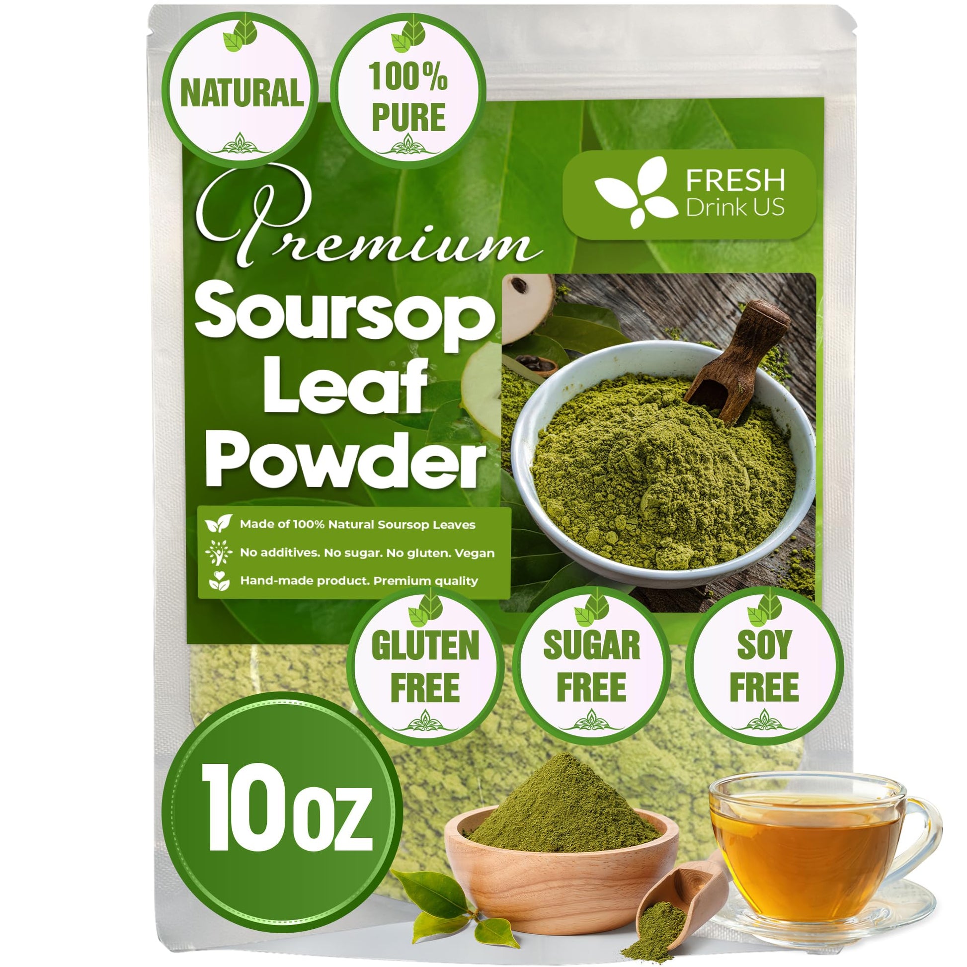 FRESHDRINKUS Premium Soursop Leaf Powder, 100% Natural, 10oz, Vegan, No Additives