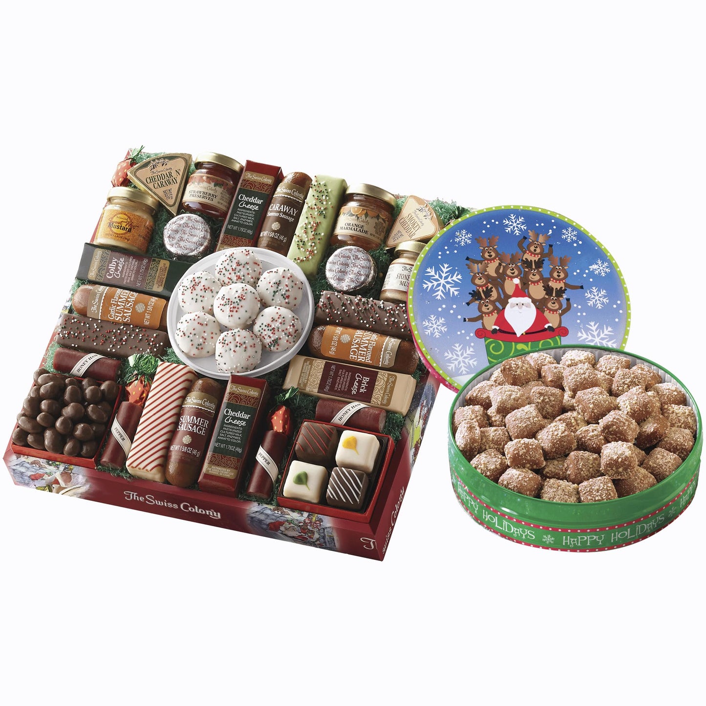 The Swiss Colony 27 Favorites And Mini Butter Toffee Christmas Gift Bundle - Assorted Cheeses  Candies  Chocolates  Summer Sausage Meats  And Butter Toffee