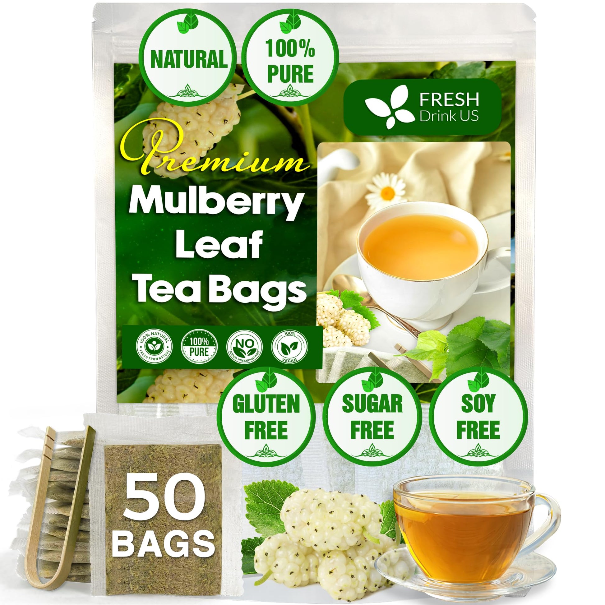 FRESHDRINKUS Premium Mulberry Leaf Tea Bags, 100% Natural, Herbal, Vegan, 50 Tea Bags