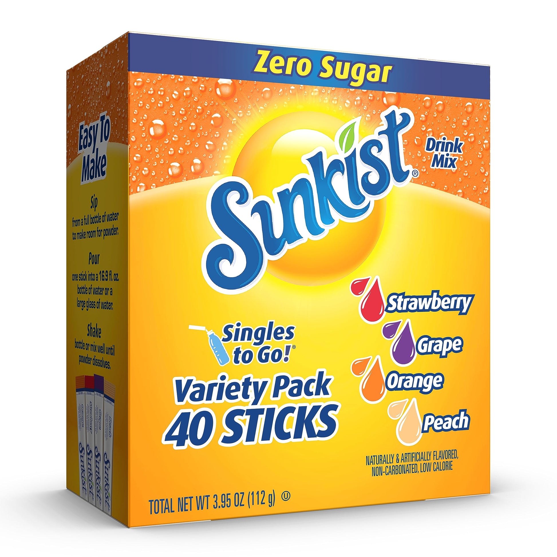 SINGLES TO GO! Sunkist Soda Variety Pack - Orange, Strawberry, Grape, Peach - 40 Total Sticks - 0.1 Ounce Each