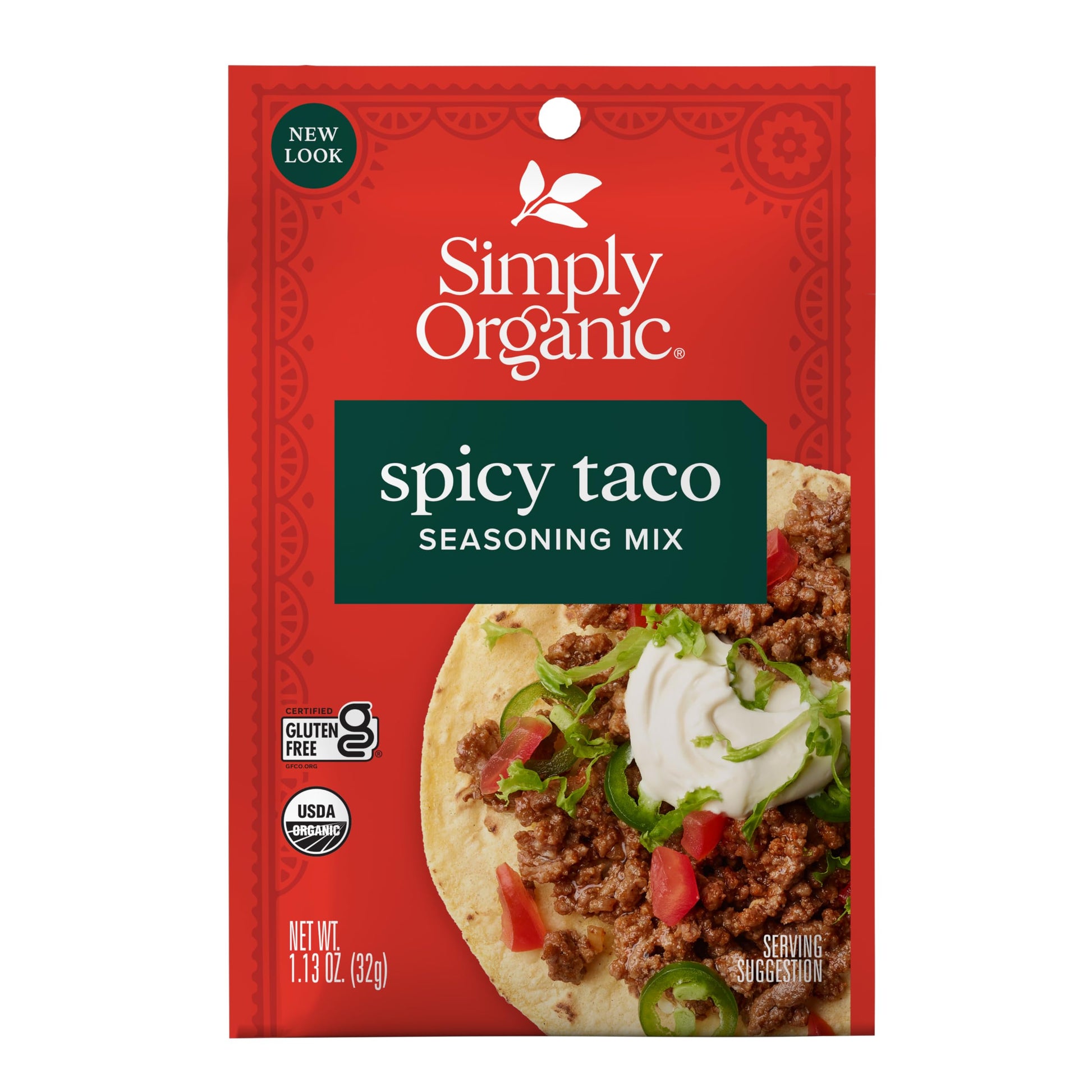 Simply Organic Spicy Taco Seasoning Mix, Vegan Friendly, Kosher, USDA Certified Organic, Gluten Free & Non-GMO, 1.13 Ounce (Pack