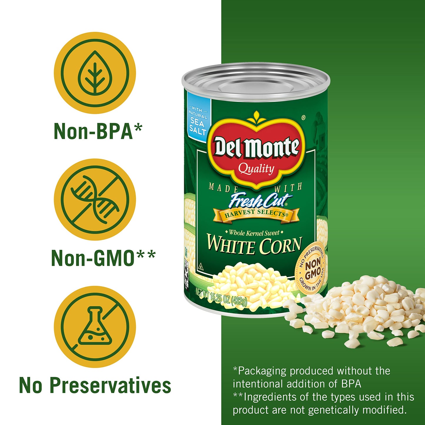 Del Monte Fresh Cut Sweet White Whole Kernel Corn, Canned Vegetables, 15.25 Oz, Pack of 12