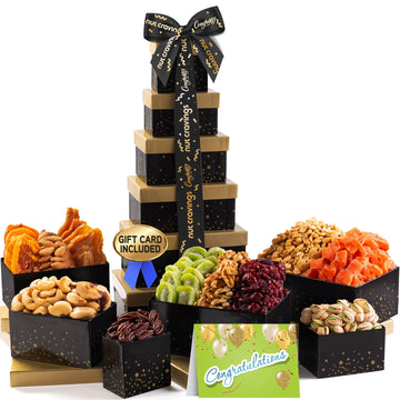 Nut Cravings Gourmet Collection - Congratulations Tower Gift Basket, Nuts & Dried Fruits With Congrats Ribbon + Greeting Card (1