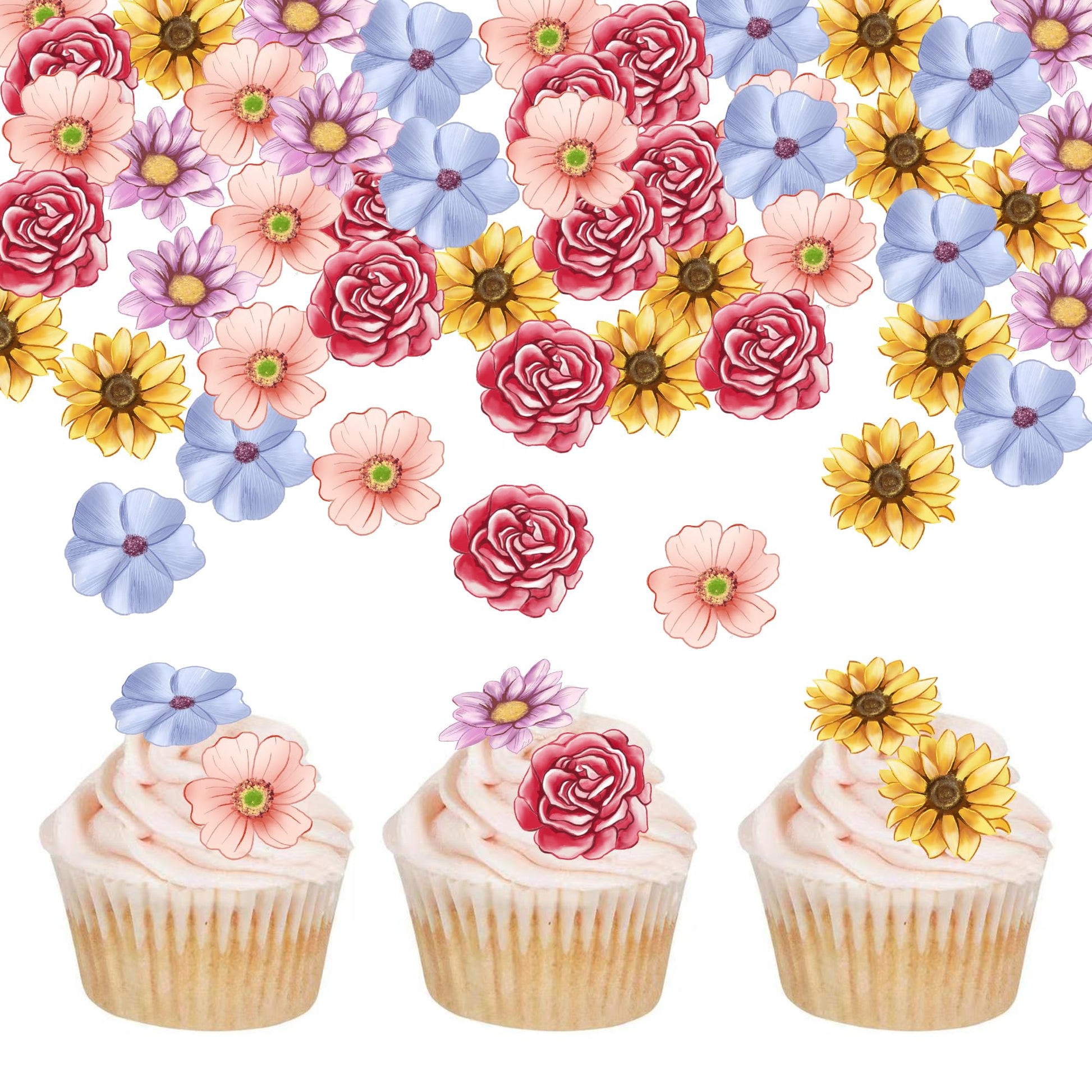 Foowztao 40Pcs Edible Flowers Cake Topper Cupcake Toppers Wedding Themed Party Baby Shower Birthday Party Cupcake Picks Annivers