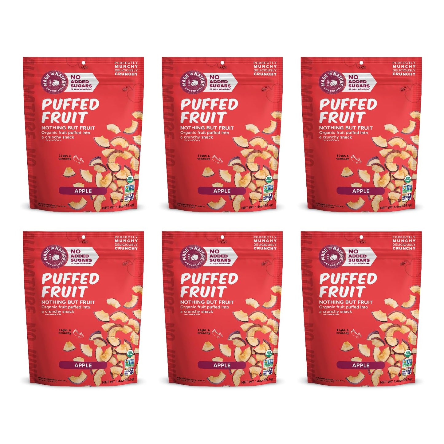 Made In Nature Organic Puffed Fruit Snack, Apple, Vegan, Non-GMO, Gluten Free, 1.4 Ounce Bag, Pack of 6