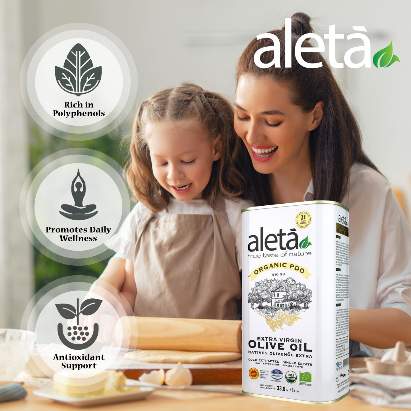 Aleta, Usda Organic Greek Extra Virgin Olive Oil, Eu Certified Single Estate Pdo Greece, 1 Lt (33.8 Oz.) Tin, Kosher Ek, Pack Of