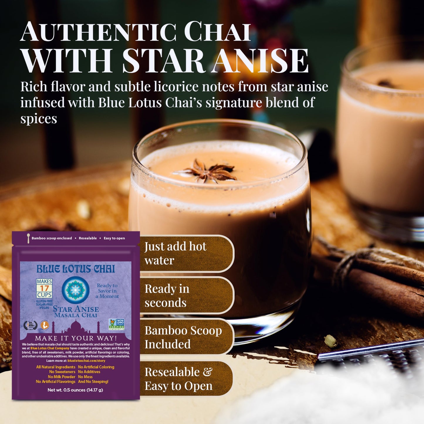 Blue Lotus Chai - Star Anise Masala Chai - Makes 17 Cups - 0.5 Oz Pouch Masala Spiced Chai Powder With Organic Spices - Instant