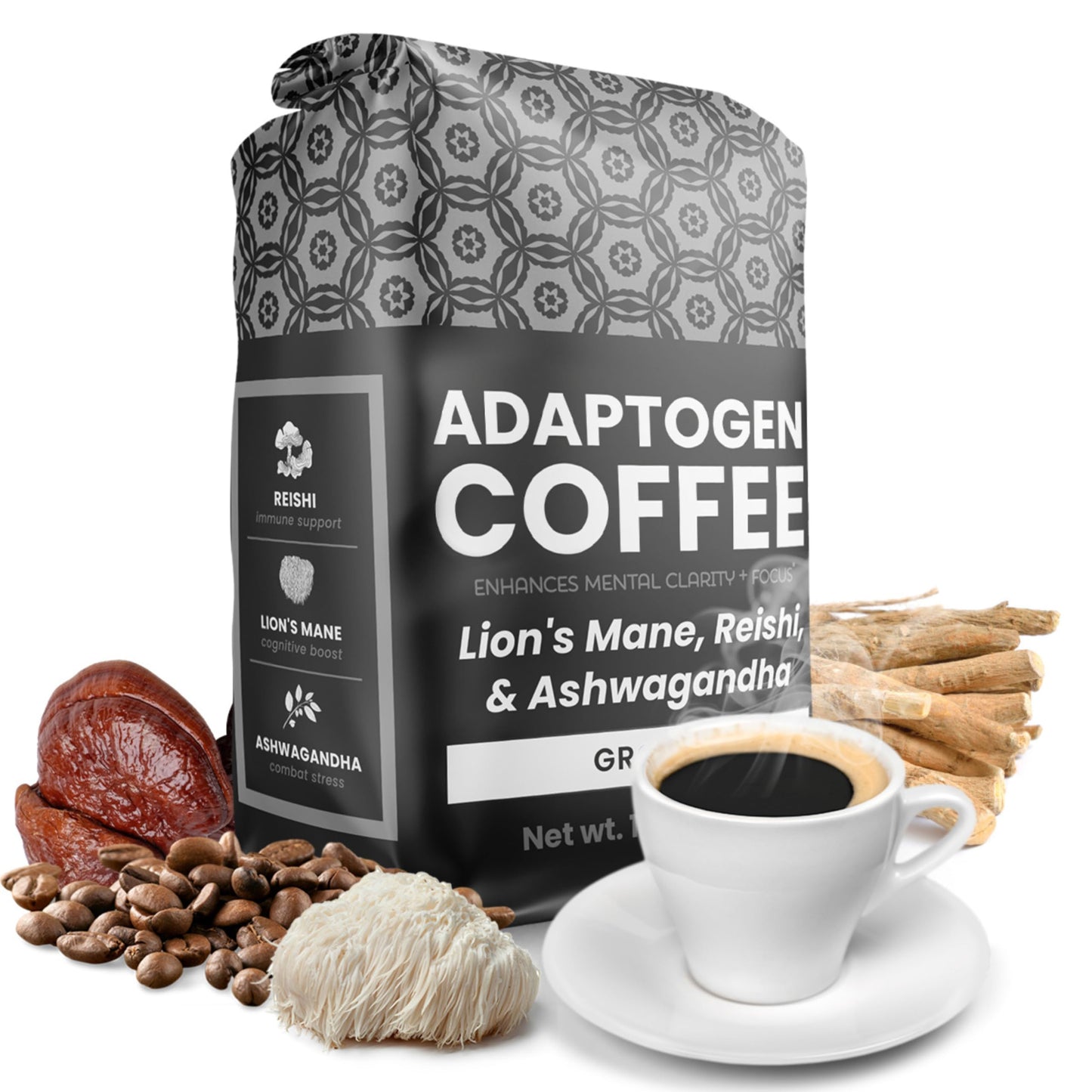Moontower Adaptogen Coffee - Mushroom Coffee With Ashwagandha, Lions Mane, & Reishi, Organic Mushrooms Blend, Medium Roast Groun