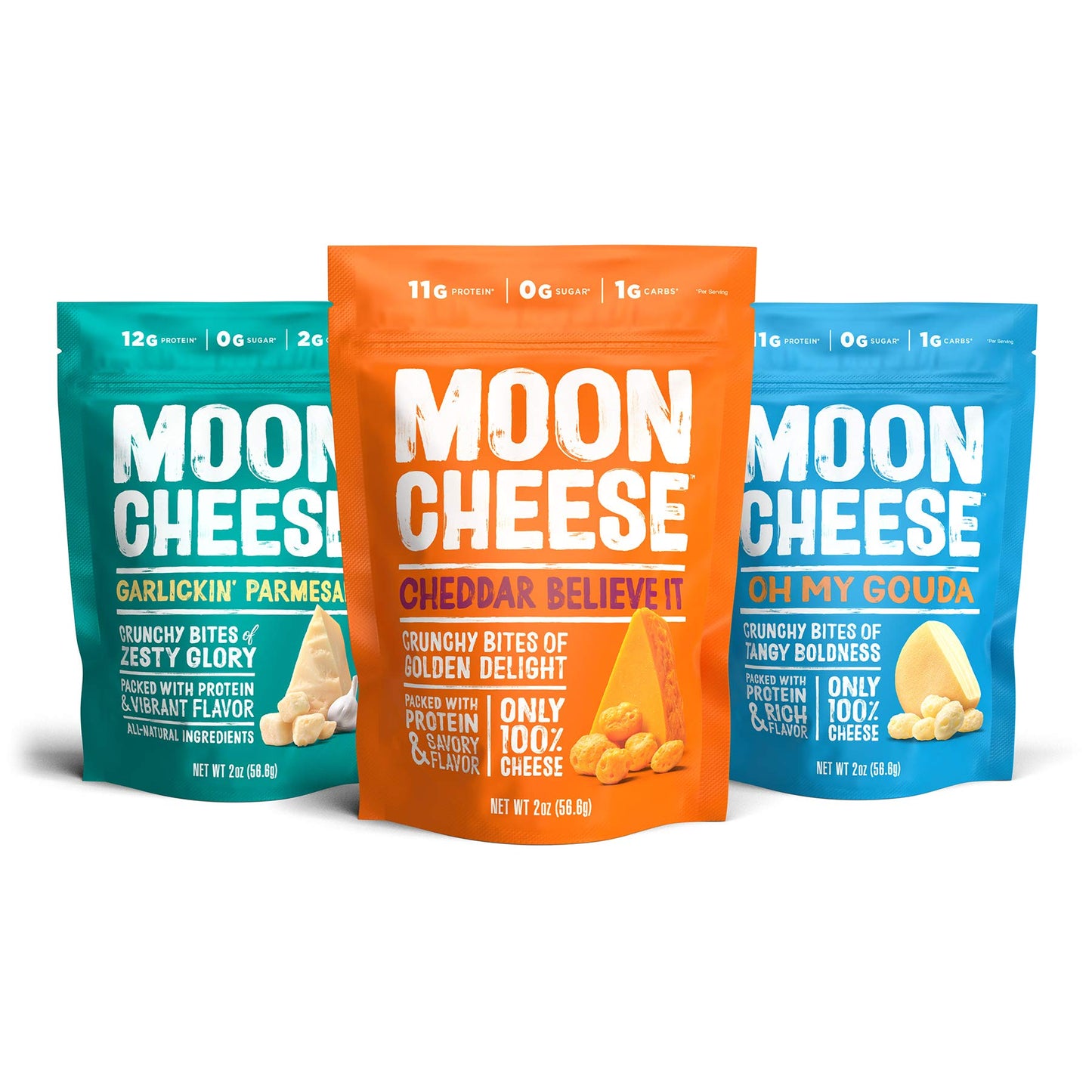 Moon Cheese Bites Bundle, Cheddar Believe It, Oh My Gouda & Garlickin Parmesan, 2-Ounce, 3-Pack, Lunch or School Snack