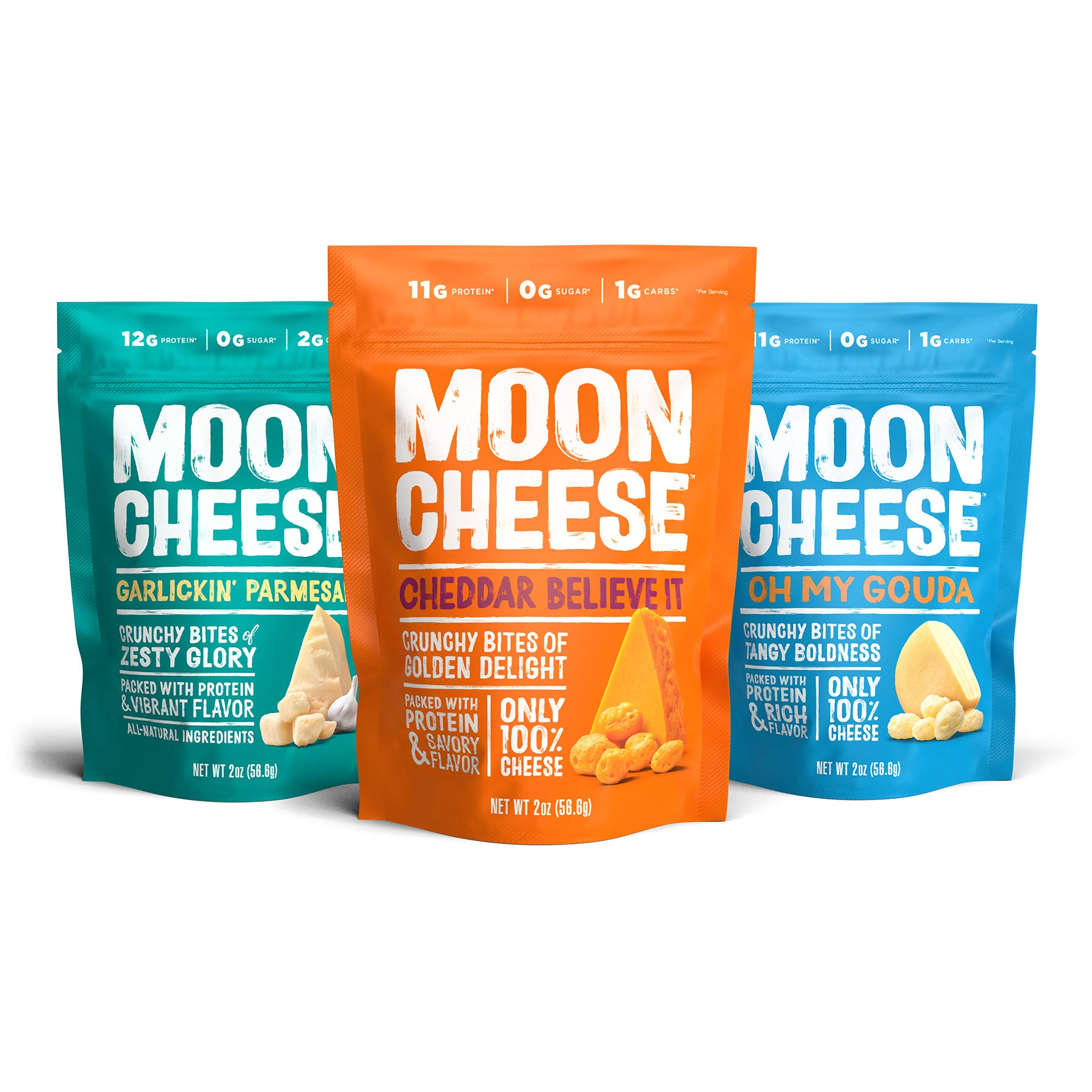 Moon Cheese Bites Bundle, Cheddar Believe It, Oh My Gouda & Garlickin Parmesan, 2-Ounce, 3-Pack, Lunch or School Snack