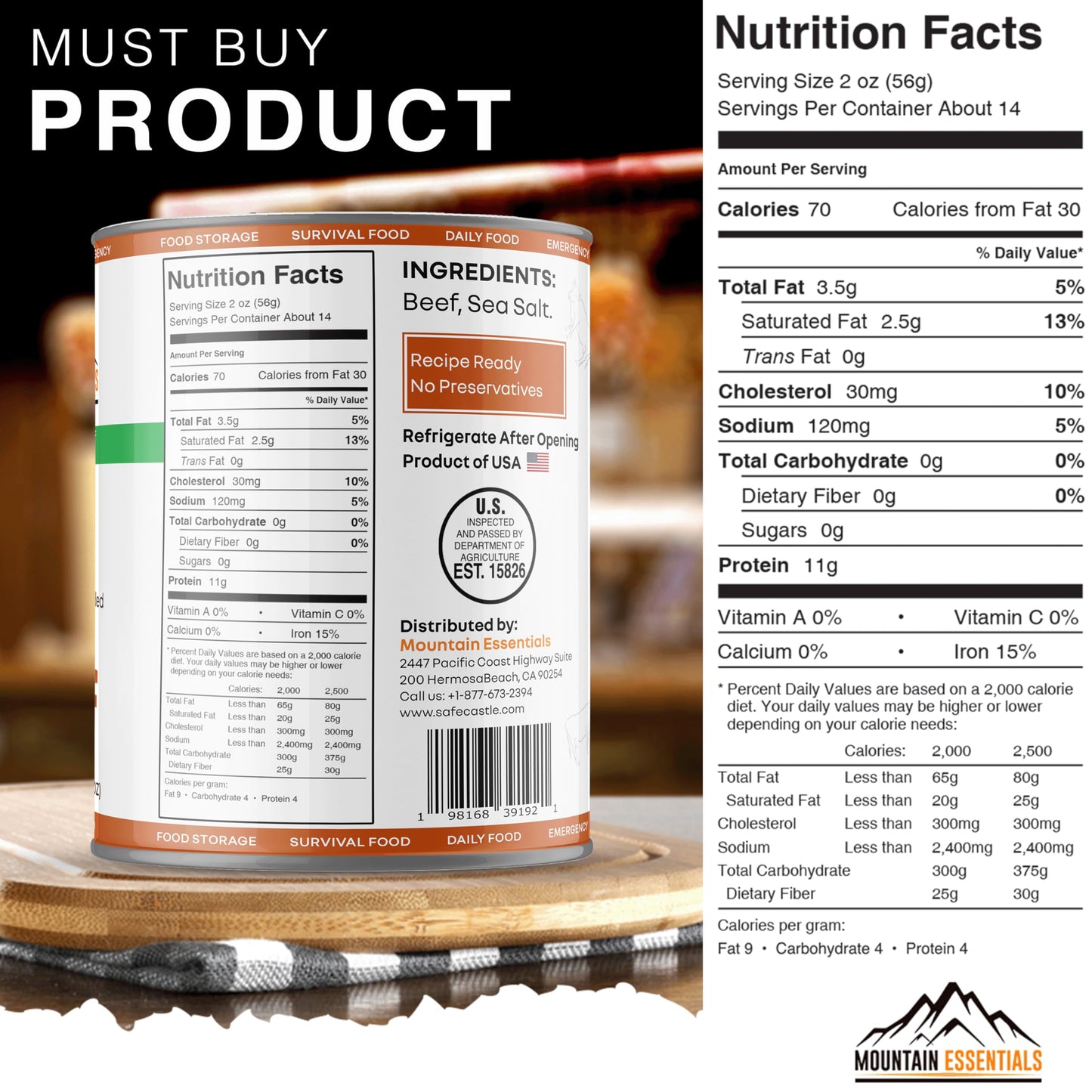 Mountain Essentials All Natural Fully Cooked Ready To Eat Canned Beef 28 Oz Gluten Free | No Carbs | No Water Added | No Artific