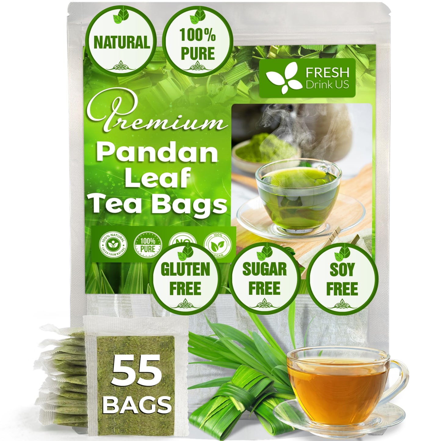 FRESHDRINKUS Pandan Leaf Herbal Tea Bags, 100% Natural, 55 Tea Bags, Vegan, No Sugar, No Caffeine, Gluten-Free