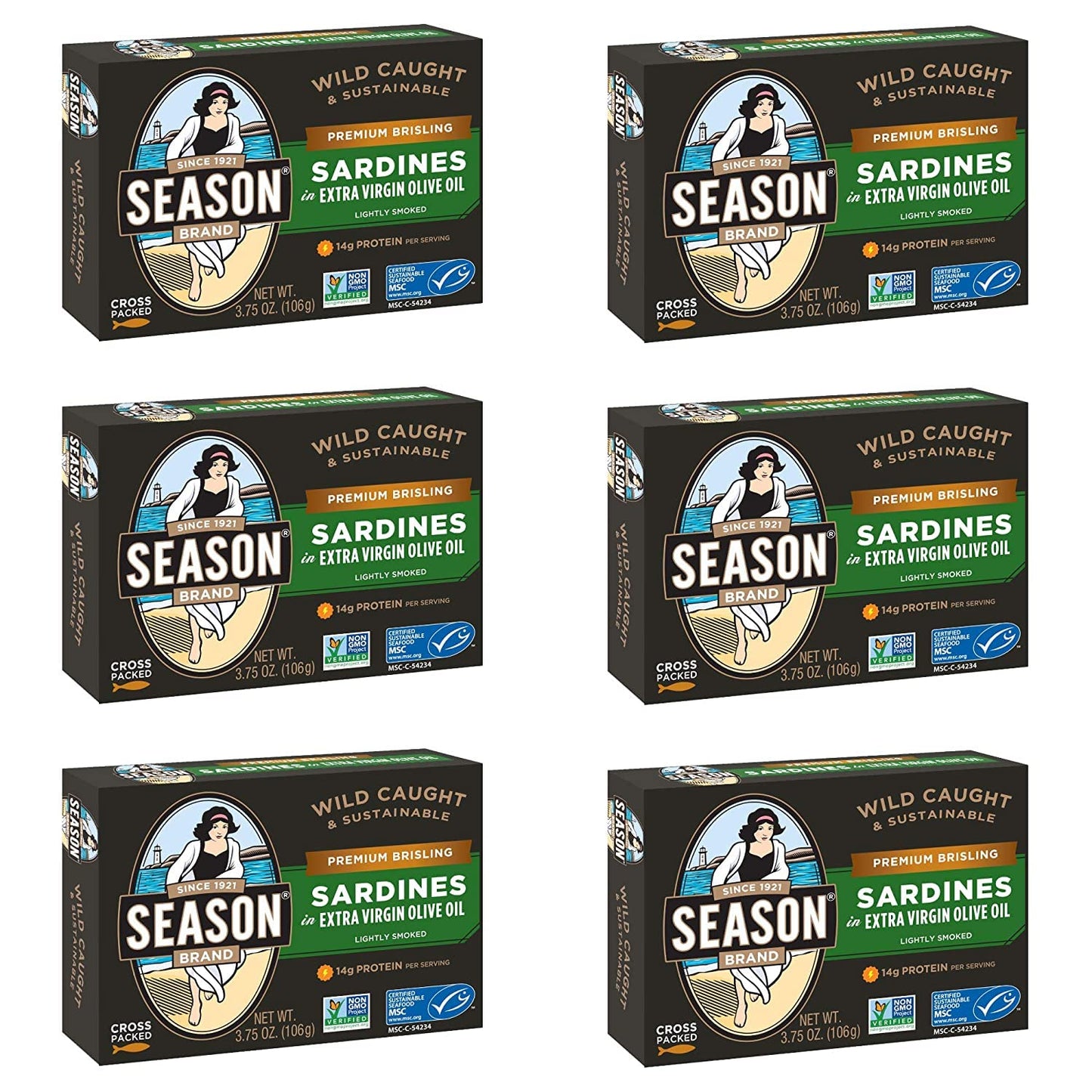 Season Brisling Sardines In Extra Virgin Olive Oil - Wild Caught, 14G Of Protein, Keto Snacks, More Omega 3S Than Tuna, Kosher, High In Calcium, Canned Sardines, Two Layers - 3.37 Oz Tins, 6-Pack