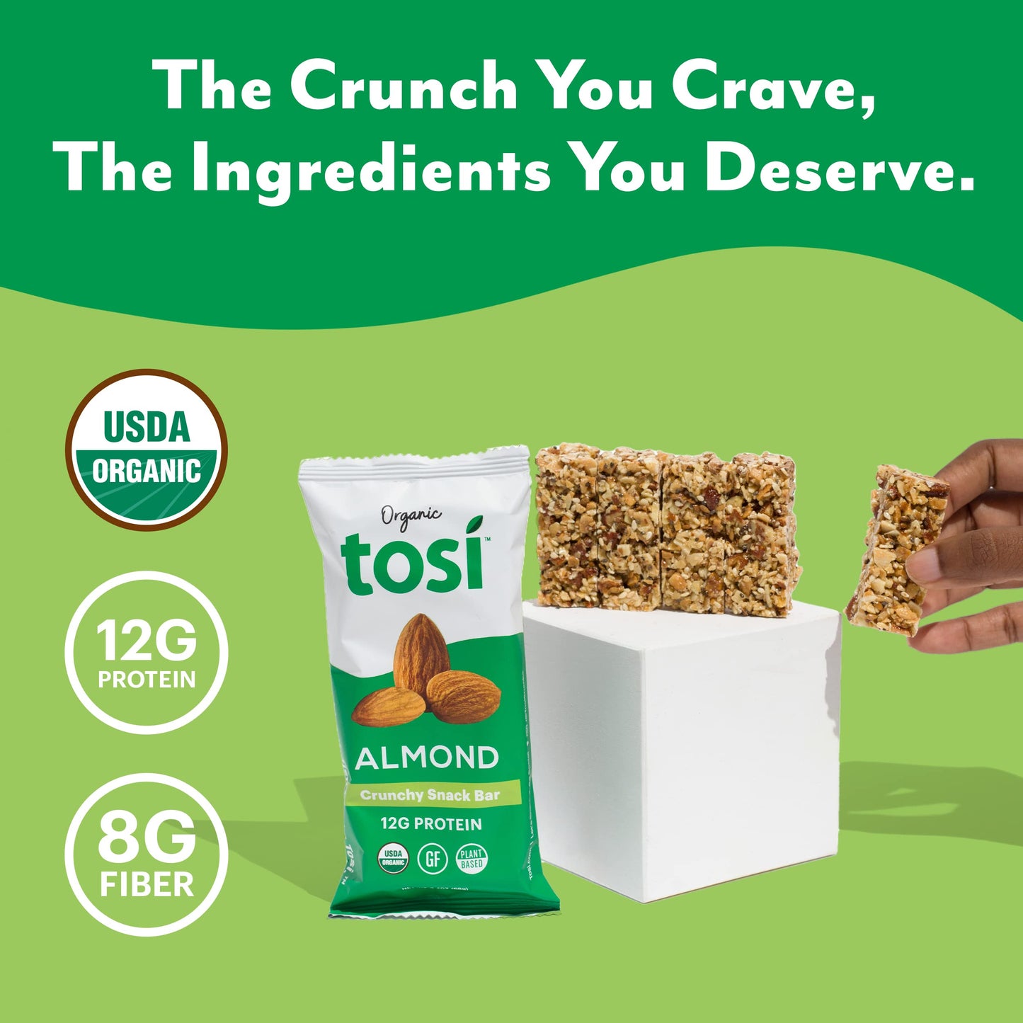 Tosi Almond Protein Bars, Vegan 12-Pack, Gluten-Free, Plant Based, 12G Protein, with Flax & Chia Seeds, 2.4 oz Each