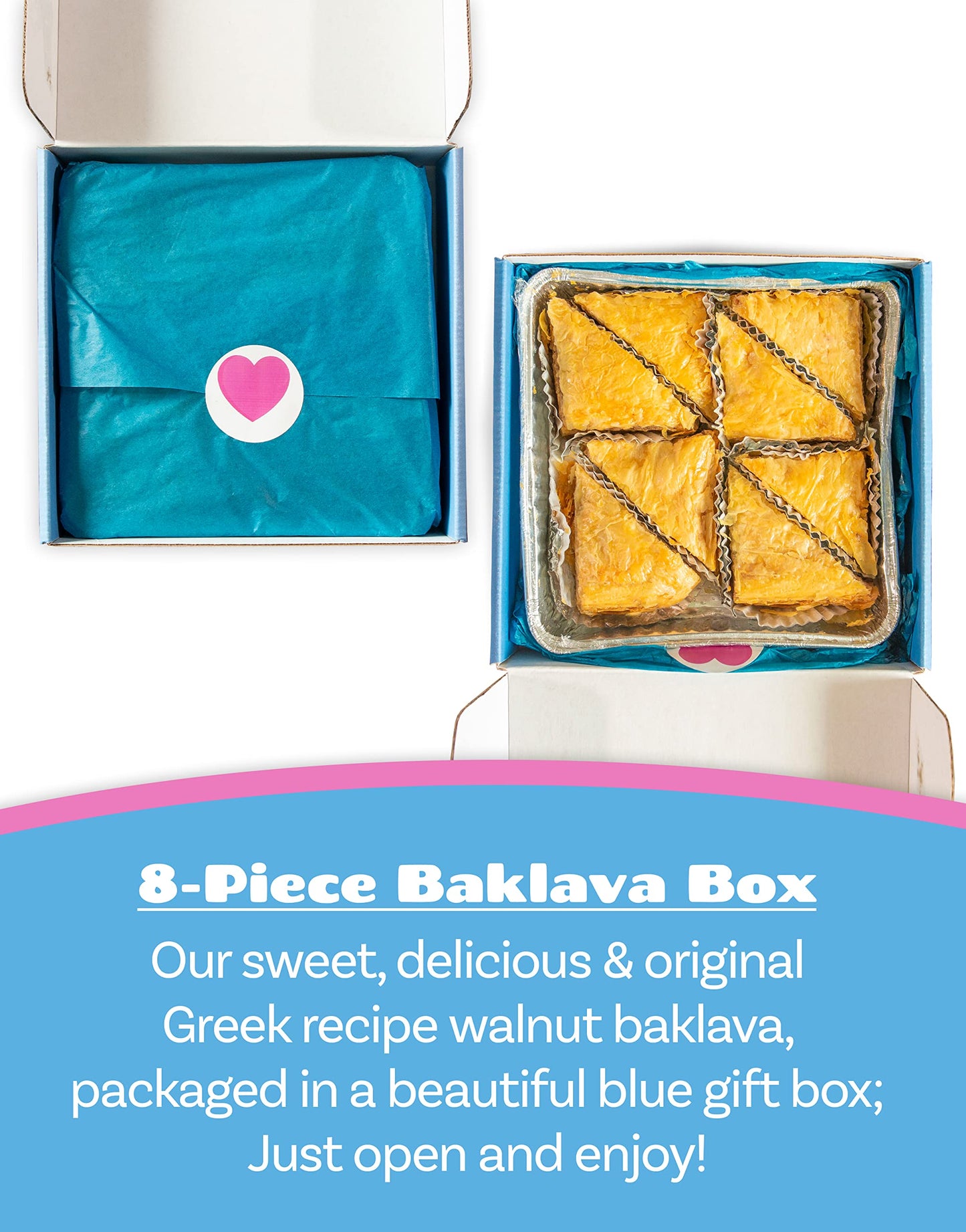 Bakluva 8-Piece Baklava Pastry Dessert Gift Box - (8) Large 2.3 Oz (66 Gram) Pieces - Perfect For Gifts, Parties, And More