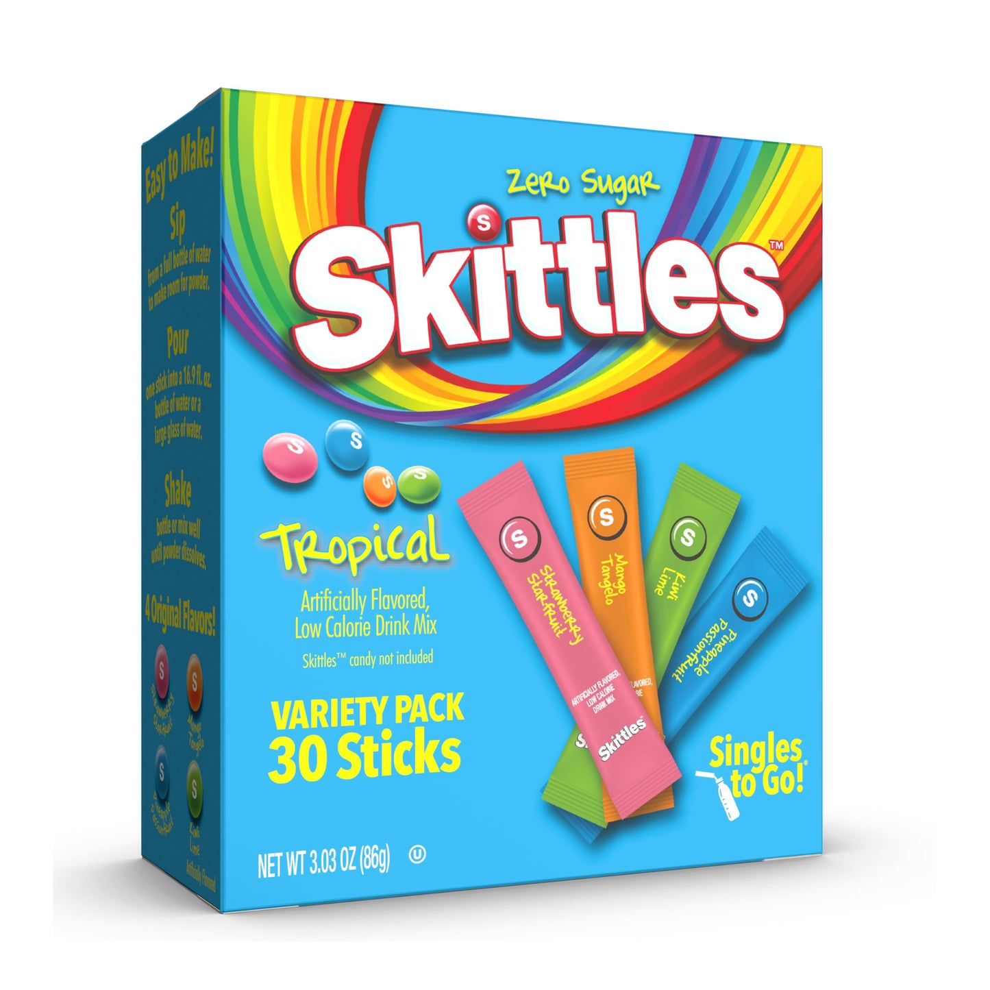 SINGLES TO GO! Skittles Singles To Go Tropical Flavors Variety Pack, Powdered Drink Mix, Strawberry Starfruit, Mango Tangelo, Ki
