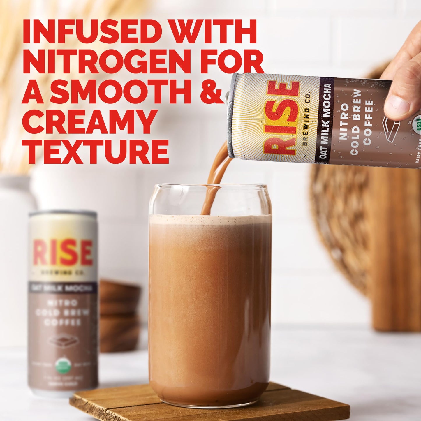 RISE Brewing Co. Oat Milk Mocha Nitro Cold Brew Coffee, No Sugar, Organic, 7 Fl Oz Cans, Pack of 12