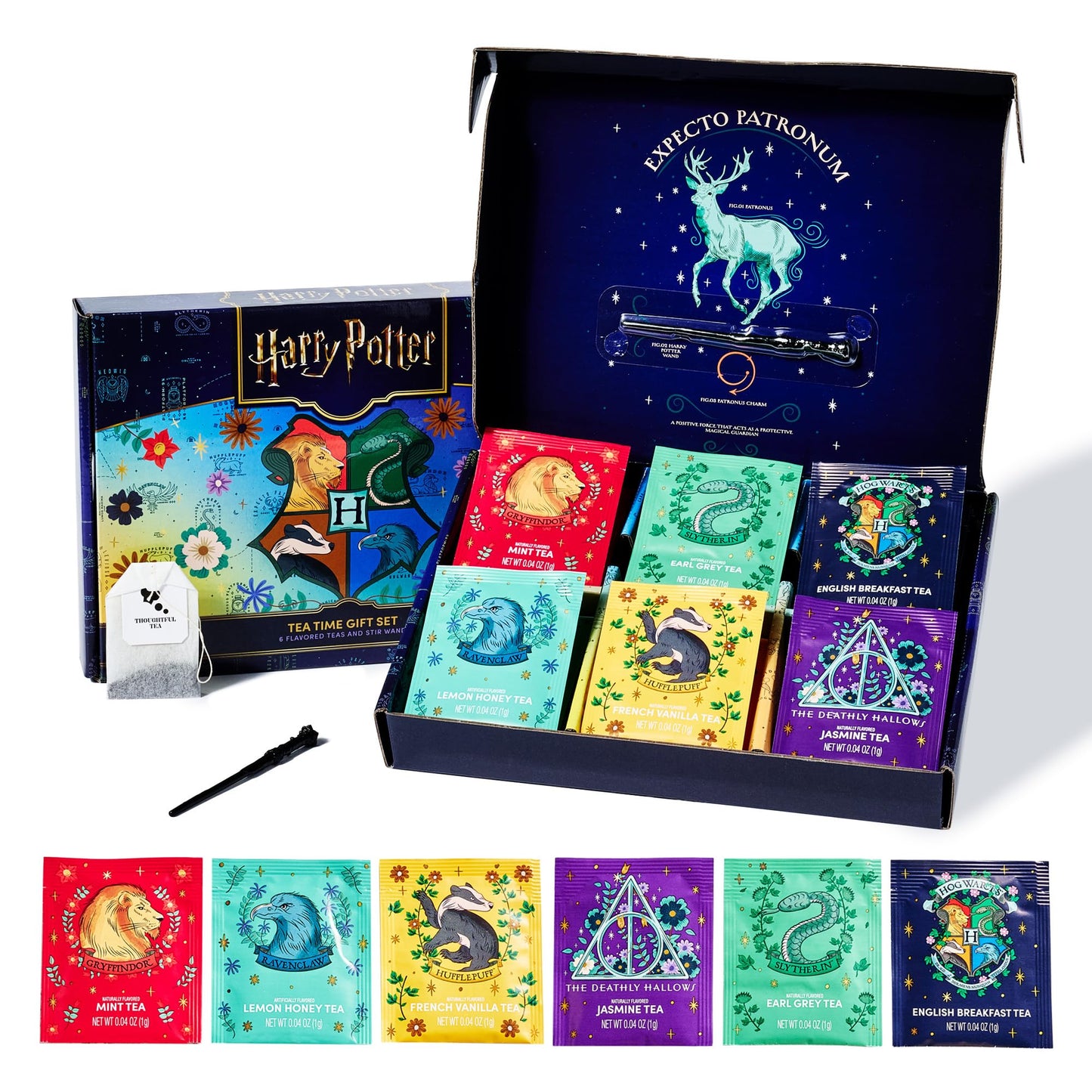 Harry Potter, Tea Gift Set, Includes Stir Wand And 48 Tea Bags In 6 Flavors, Harry Potter Gifts Tea Box With Both Green Tea Bags And Black Tea Bags