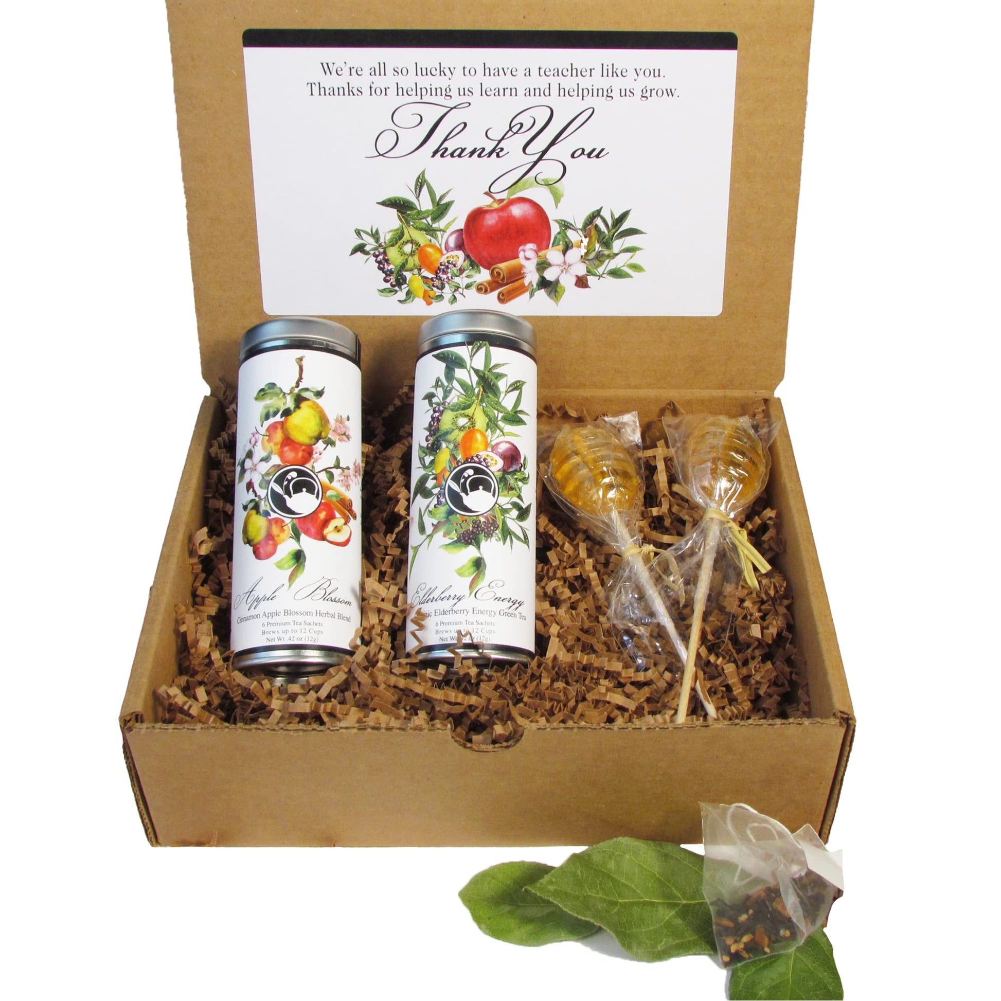 La Tea Dah Floral Tea Gift Basket - Unique Teacher Appreciation Gift, 12 Sachets with 2 Assorted Flavors & 2 Honey Stirrers