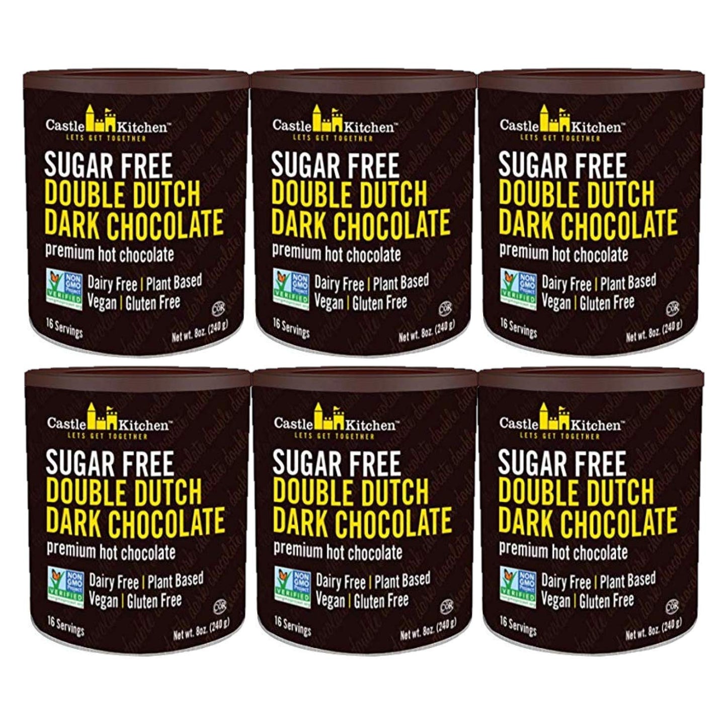 Castle Kitchen Sugar Free Double Dutch Premium Dark Hot Chocolate Mix (6 Pack, 48oz Total) - Vegan, Dairy Free, Plant Based - Ke