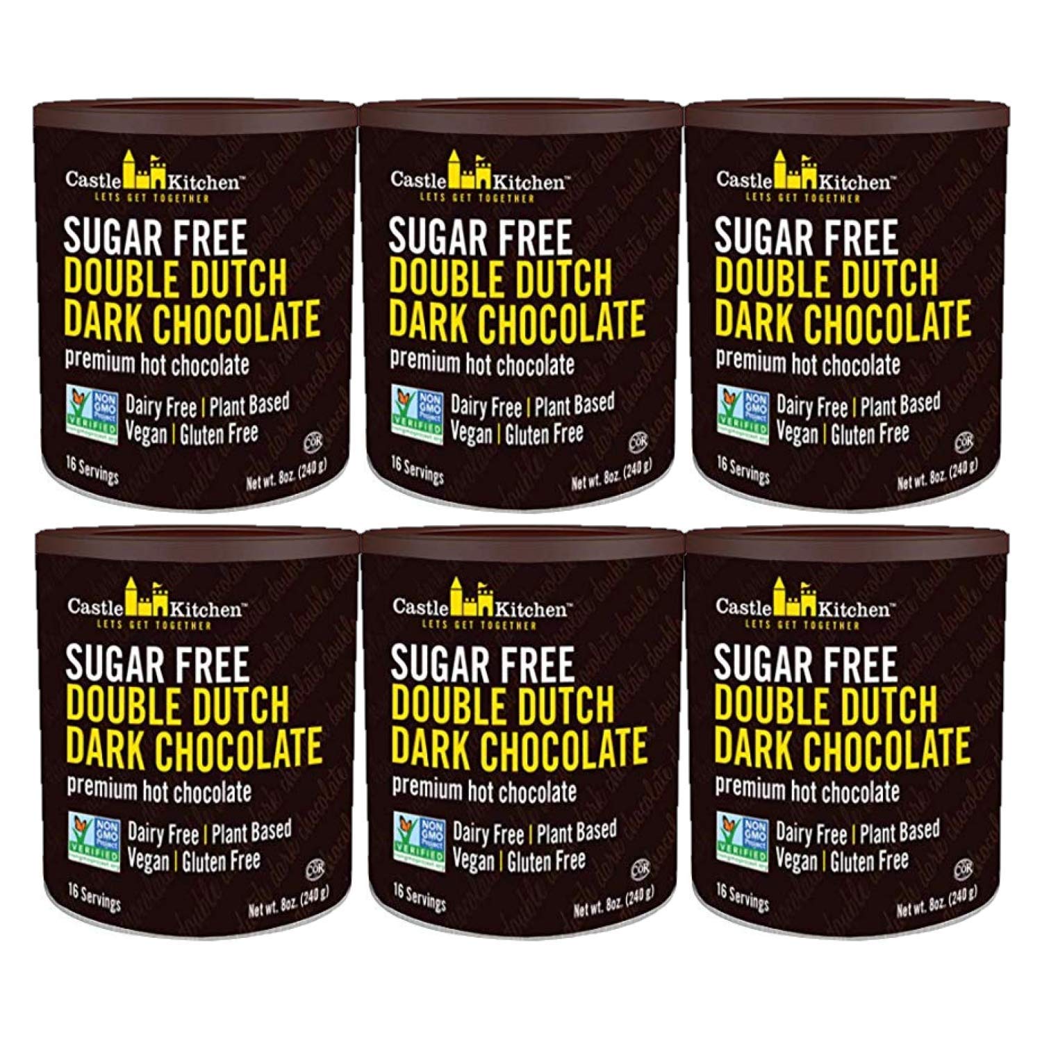 Castle Kitchen Sugar Free Double Dutch Premium Dark Hot Chocolate Mix (6 Pack, 48oz Total) - Vegan, Dairy Free, Plant Based - Ke