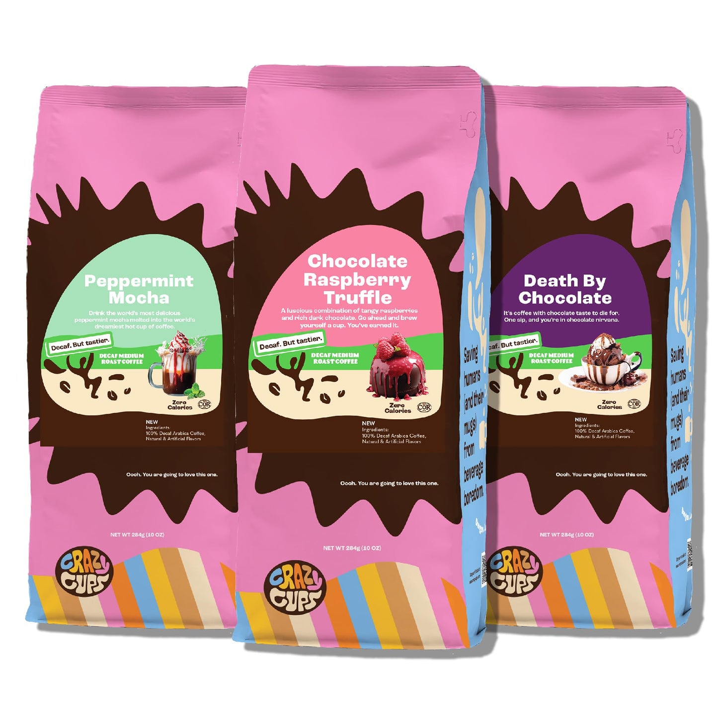 Crazy Cups Decaf Chocolate Lovers Ground Coffee Variety Pack, 3 x 10 oz Bags, Includes Death By Chocolate, Peppermint Chocolate Mocha, Chocolate Raspberry