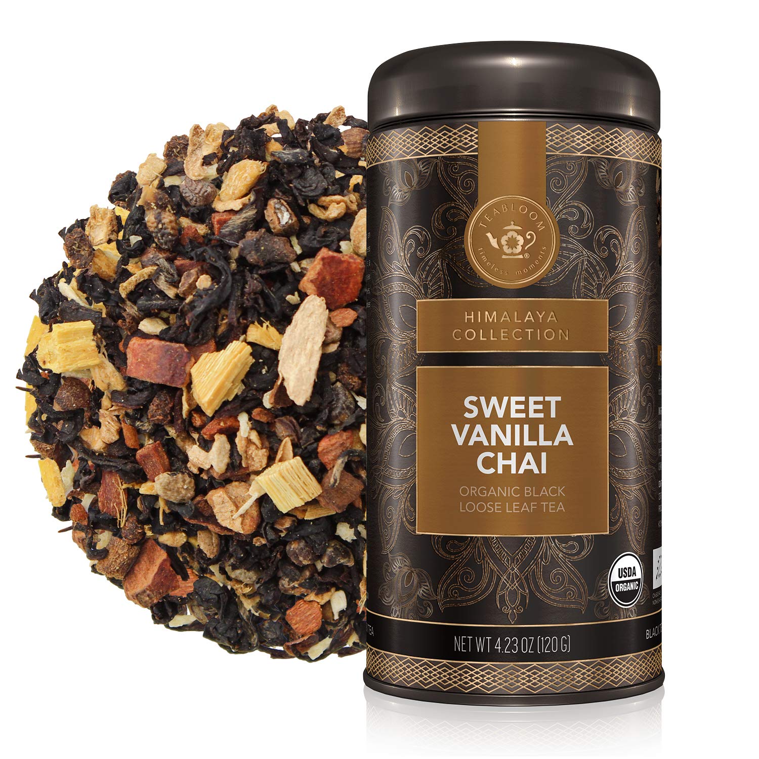 Teabloom Organic Black Tea, Sweet Vanilla Chai Loose Leaf Tea, Rich and Spicy Vanilla-Scented Blend, Exceptional USDA Organic Wh