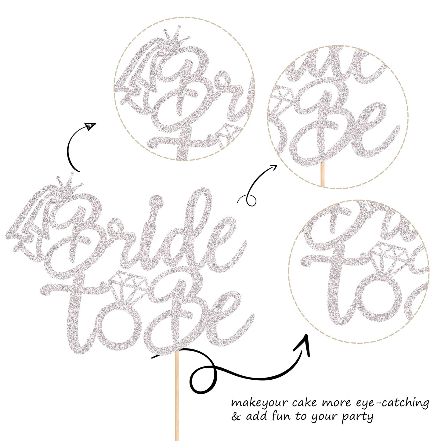 ZHUOWEISM Bride to Be Cake Topper, Glitter Ring Design, Silver, Small