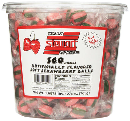 Stewart Old Fashioned Strawberry Flavored Pure Sugar Candy Puff Balls - Individually Wrapped Candy Snack, Fat-Free, Cholesterol-