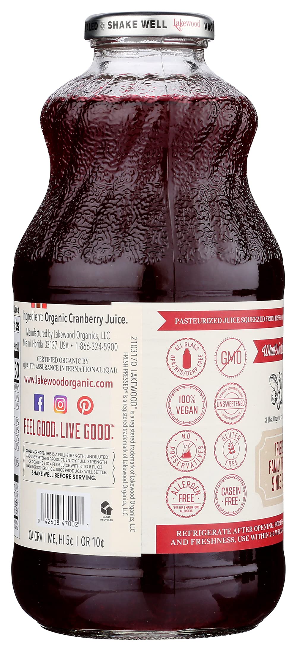Lakewood Organic Pure Cranberry, Fresh Pressed, 32 Fl Oz (Pack Of 6)