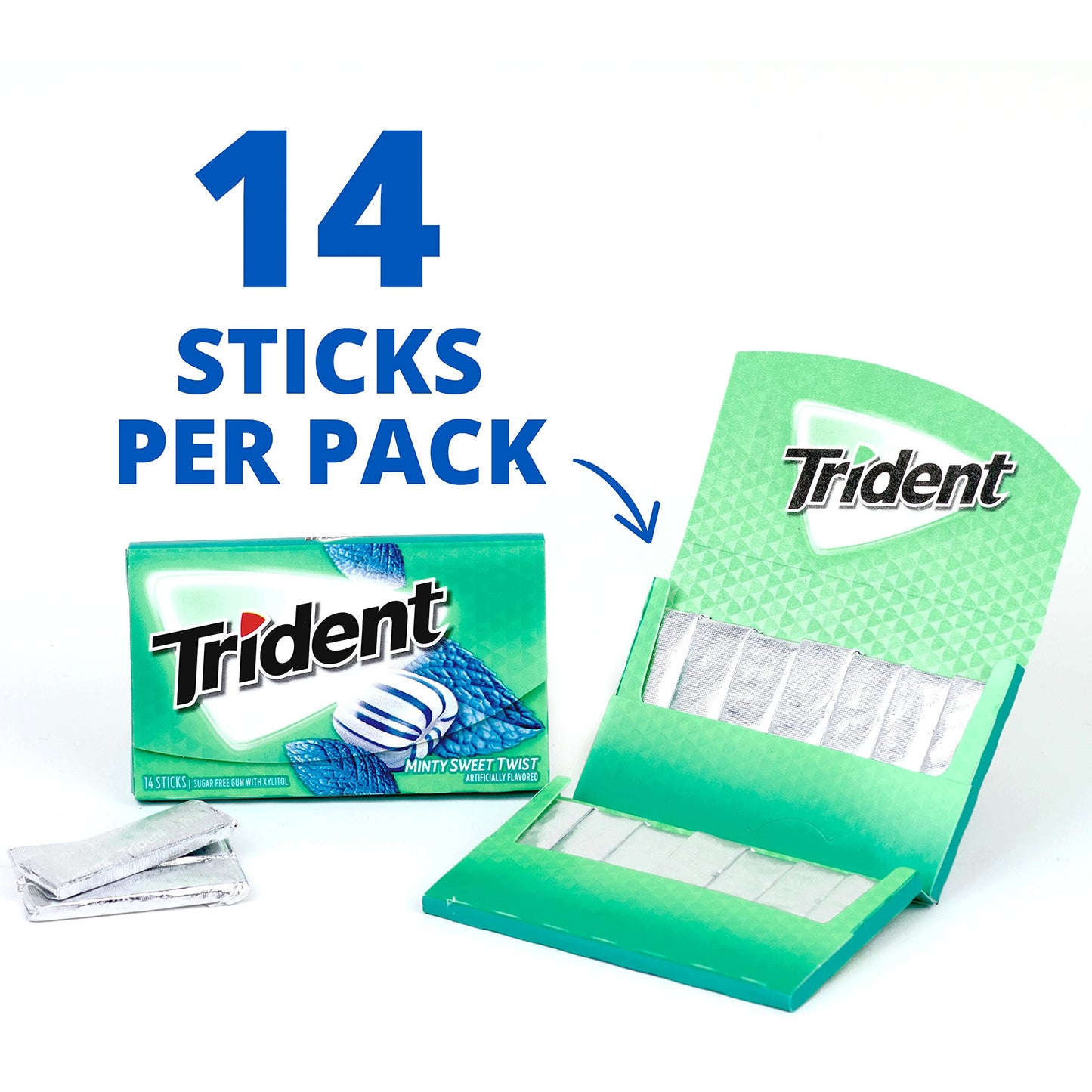 Trident Sugar-Free Chewing Gum, Minty Sweet Twist, 14 Pieces per Pack, 12 Packs, Total 168 Pieces