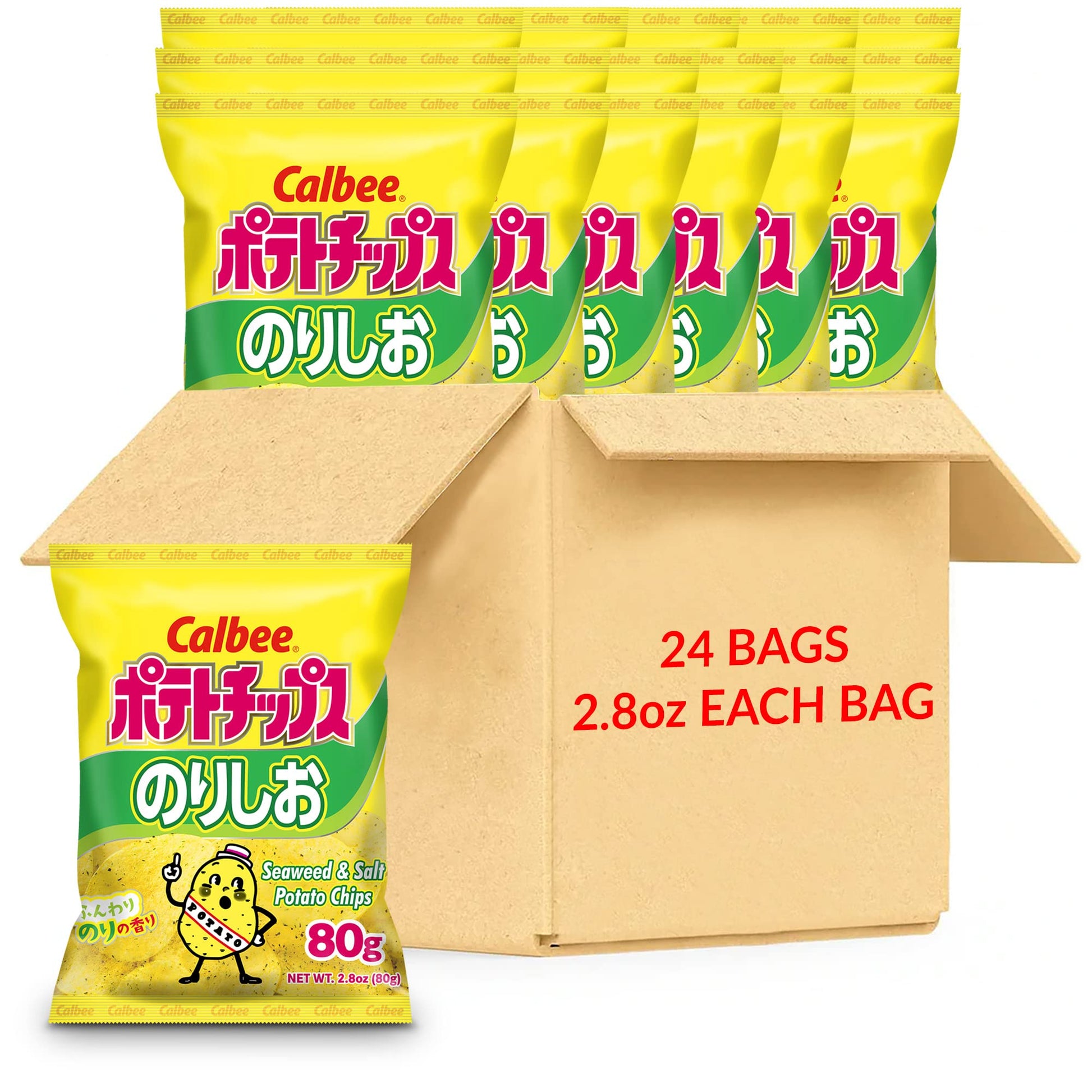 Calbee Potato Chips, Seaweed & Salt, 2.8 oz, 24 Pack, Deliciously Crunchy Japanese Snack