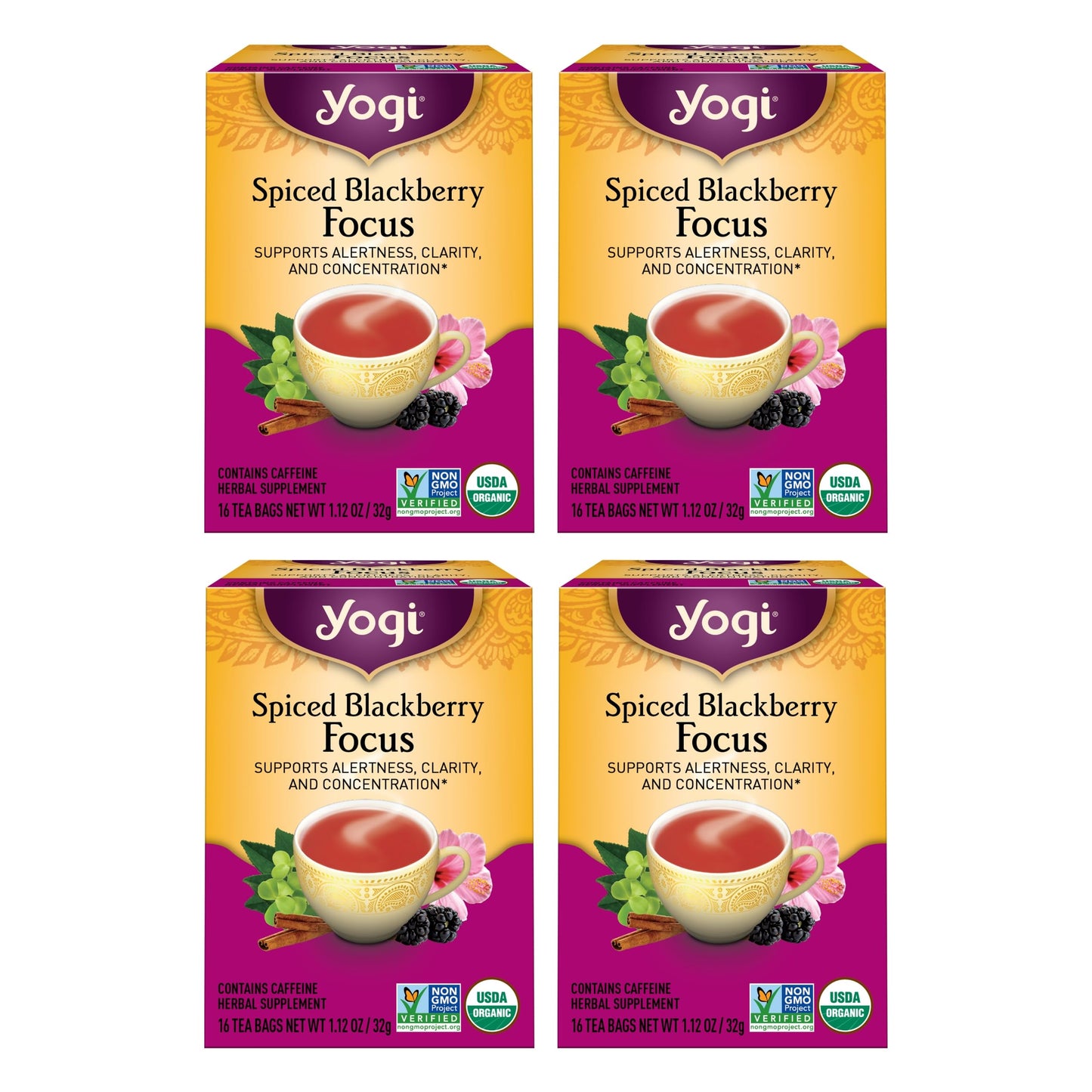 Yogi Tea Spiced Blackberry Focus - Organic Black Tea with Caffeine - 16 Bags per Pack (4 Packs)