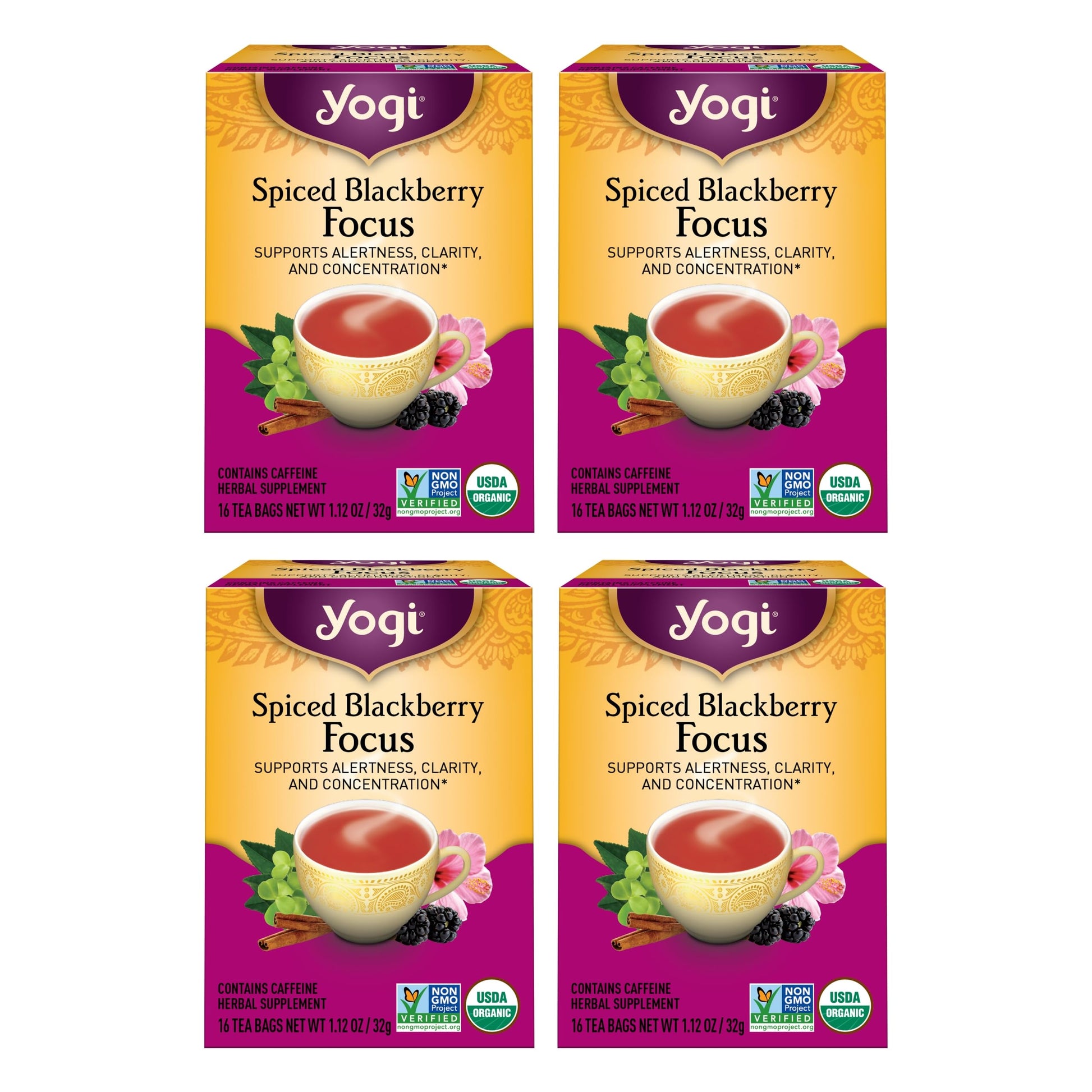 Yogi Tea Spiced Blackberry Focus - Organic Black Tea with Caffeine - 16 Bags per Pack (4 Packs)