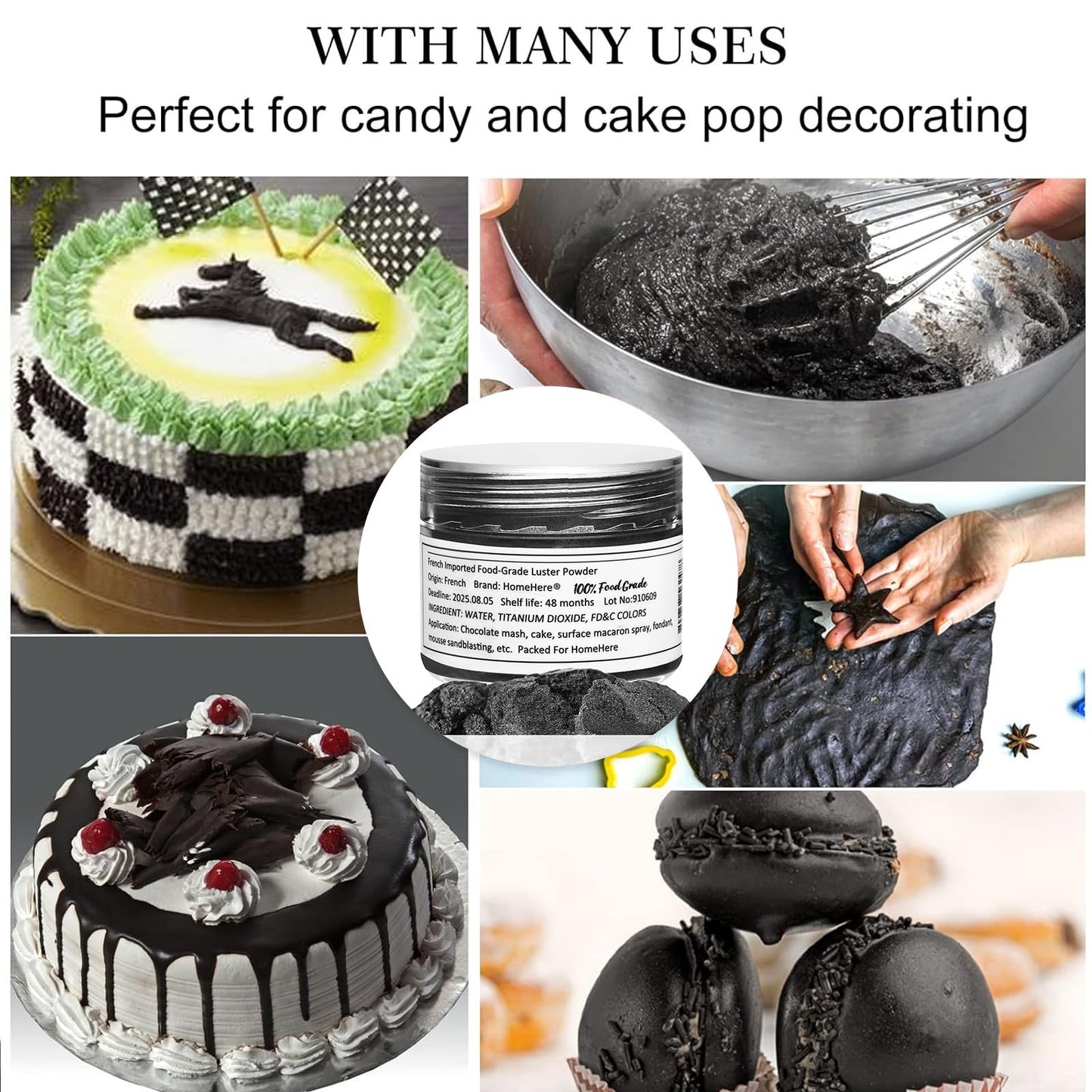 HomeHere Edible Luster Dust Glitter for Cake Decorating, 7g, Vegan, Tasteless, Black