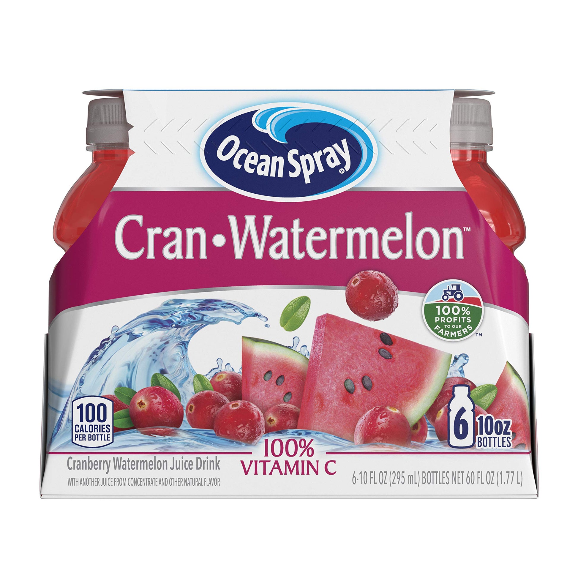 Ocean Spray Cran-Watermelon Juice Drinks, 60 Fl Oz (Pack of 4), Watermelon Flavor, 10 Fl Oz Bottles