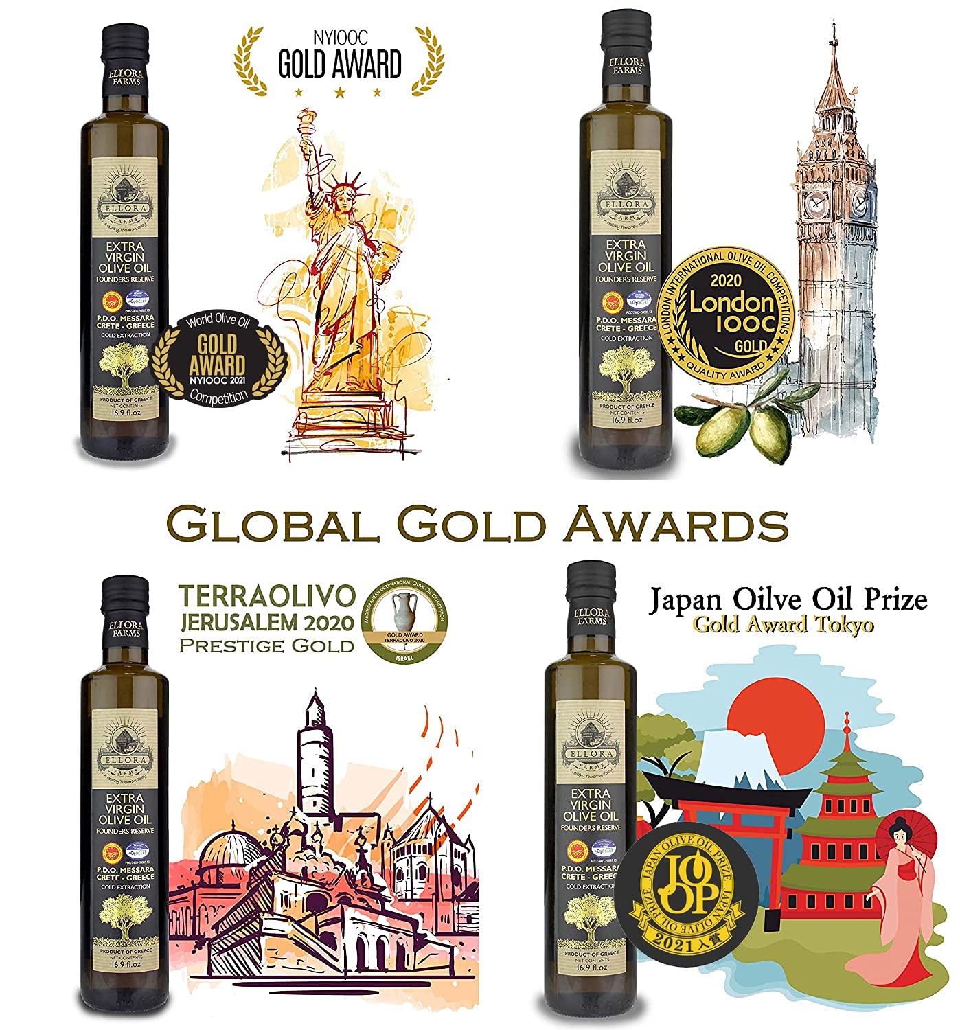 Ellora Farms, Greek Extra Virgin Olive Oil, Single Estate Pdo Messara, Greece, Non Gmo, Cold-Pressed, Polyphenol, Glass Bottle,