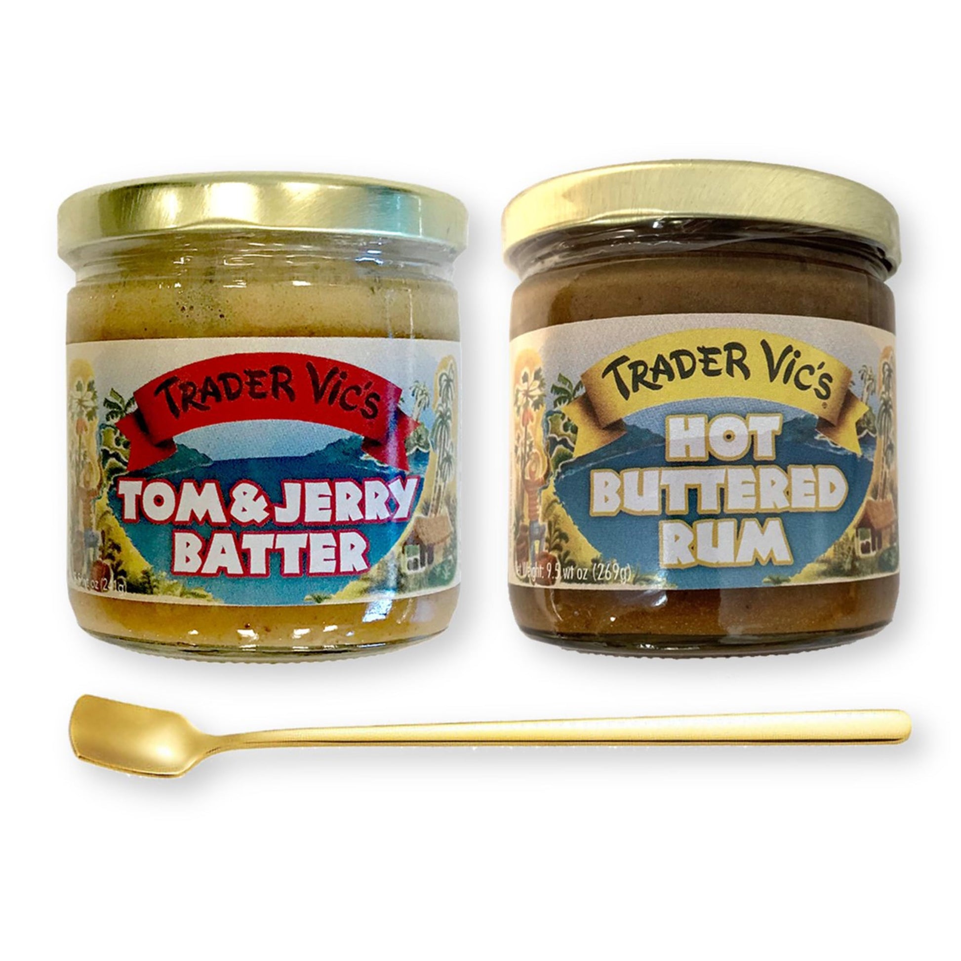 Trader Vics Combo Pack - Tom & Jerry Batter & Hot Buttered Rum Batter 2-Pack with Gold Stainless Steel Stirring Spoon