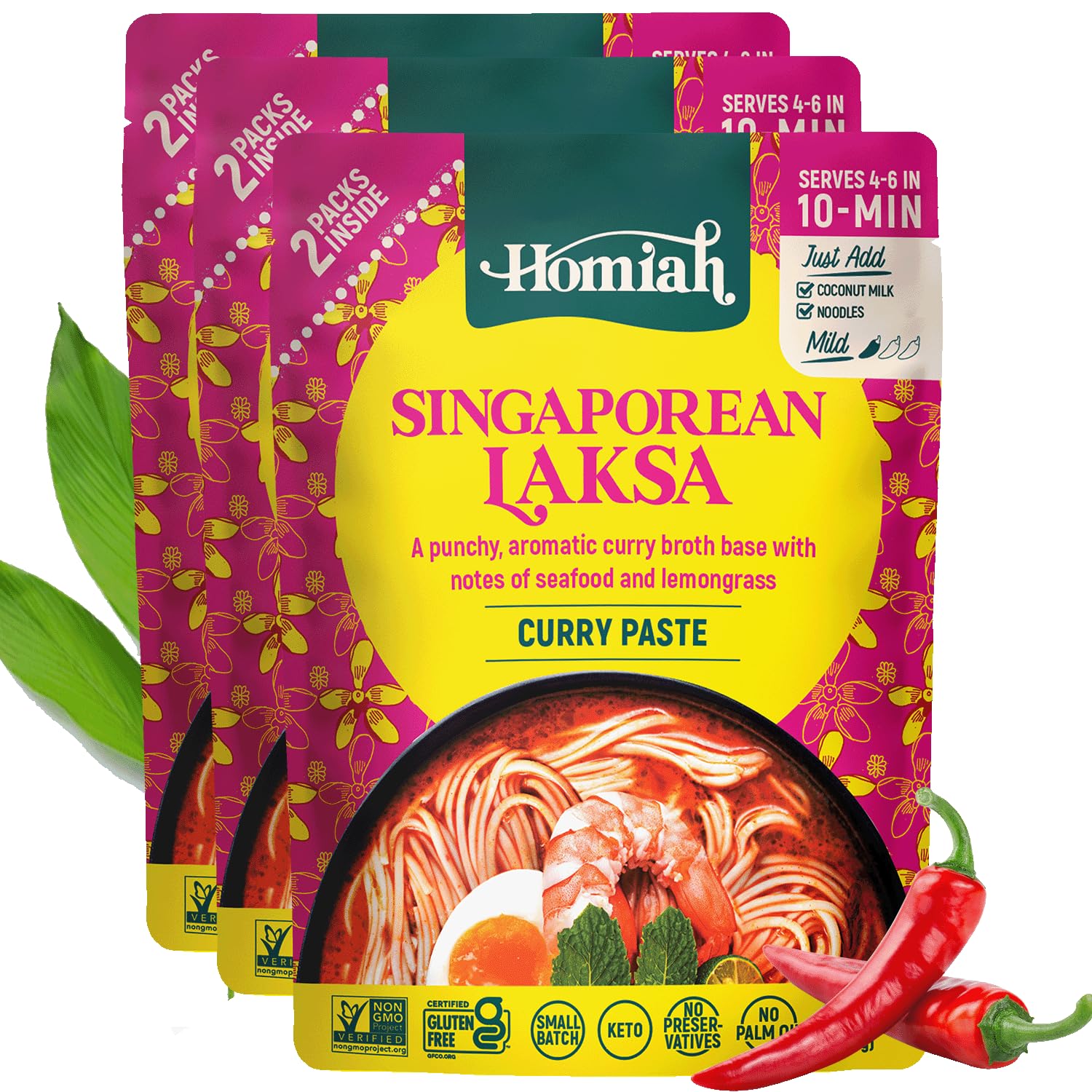 Homiah Laksa Curry Paste (Value 3 Pack X 7 Oz) - Gluten Free, Non-Gmo Malaysian Curry Paste - Laksa Curry Paste, Thai Essentials