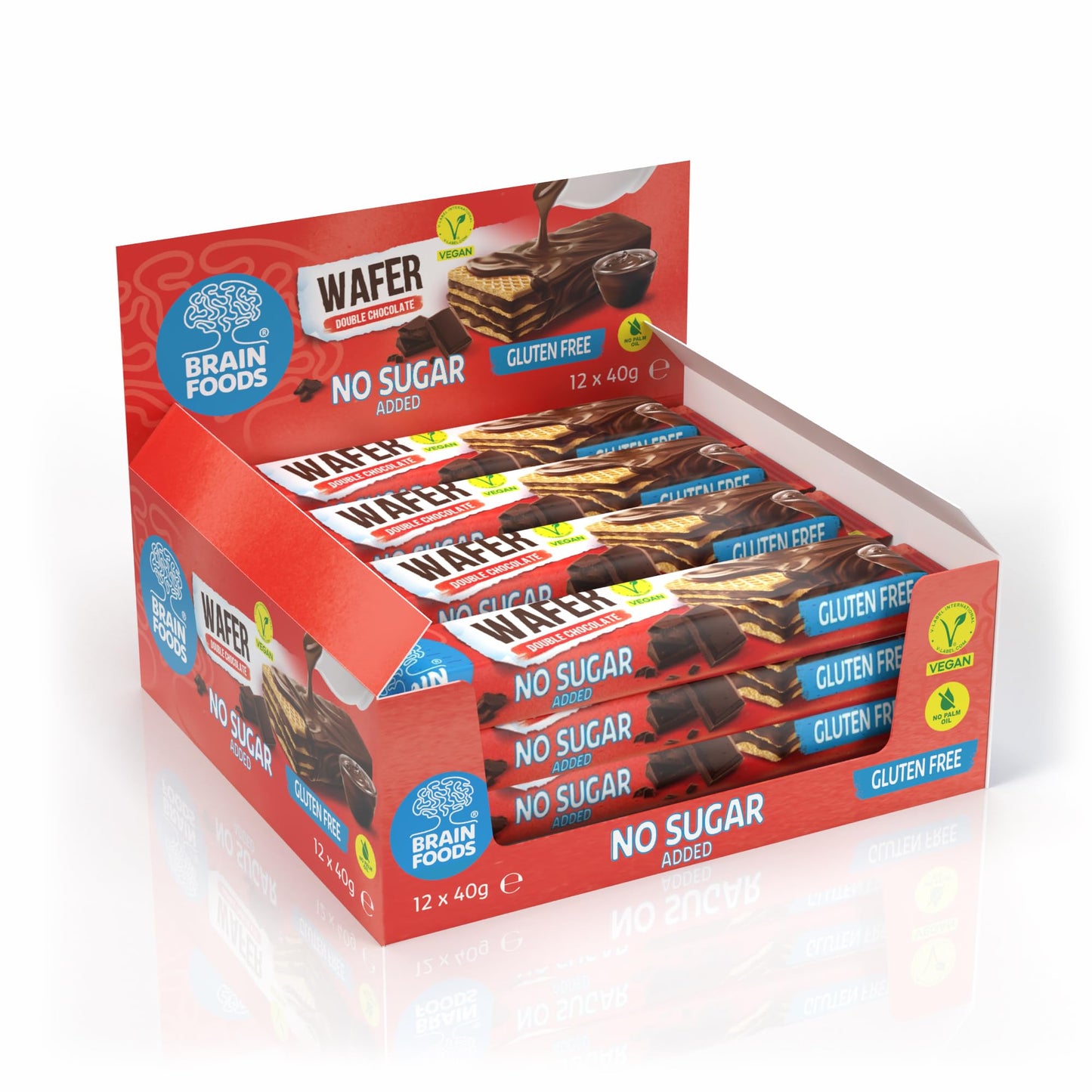 BRAIN FOODS Gluten Free Vegan Double Chocolate Wafers - 12 Bars, No Sugar Added, High Fiber, No Palm Oil, 1.4 oz, 170 Calories, 