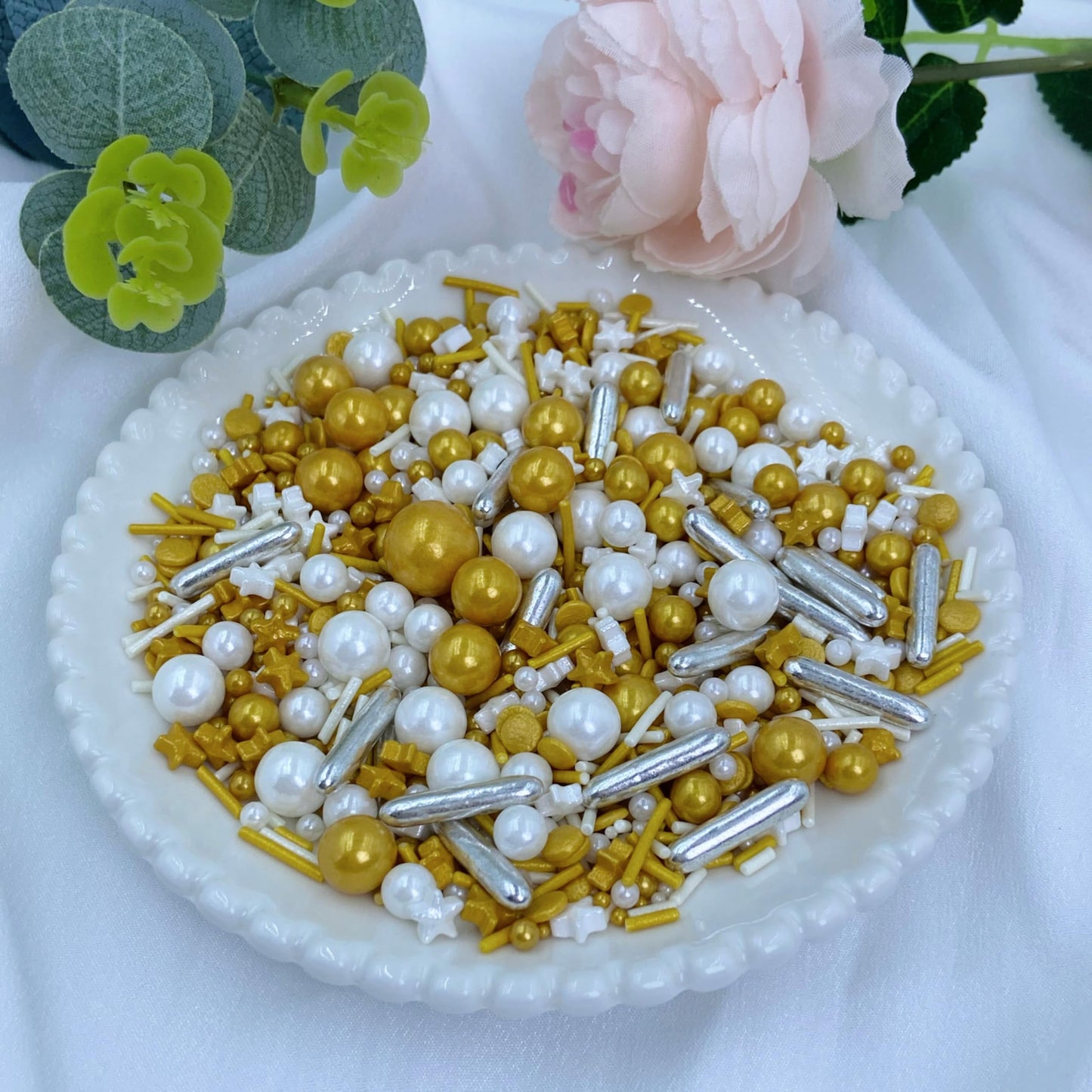 Littlestar Sprinkles - White Deluxe Gold Sprinkles For Cake Decorating 4 Ounce - Sugar Mix Pearl Sprinkles For Cupcake Toppers,