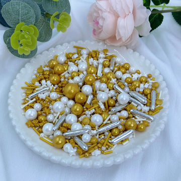 Littlestar Sprinkles - White Deluxe Gold Sprinkles For Cake Decorating 4 Ounce - Sugar Mix Pearl Sprinkles For Cupcake Toppers,