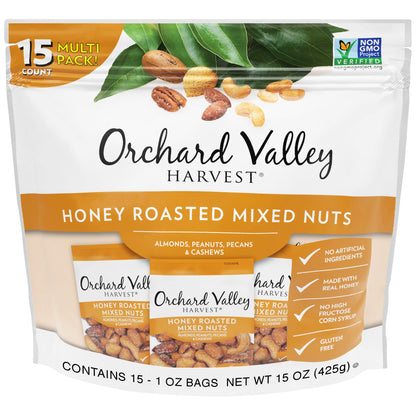 Orchard Valley Harvest Honey Roasted Mixed Nuts, 1 Ounce Bags (Pack of 15), Almonds, Peanuts, Pecans, and Cashews, Gluten Free, 