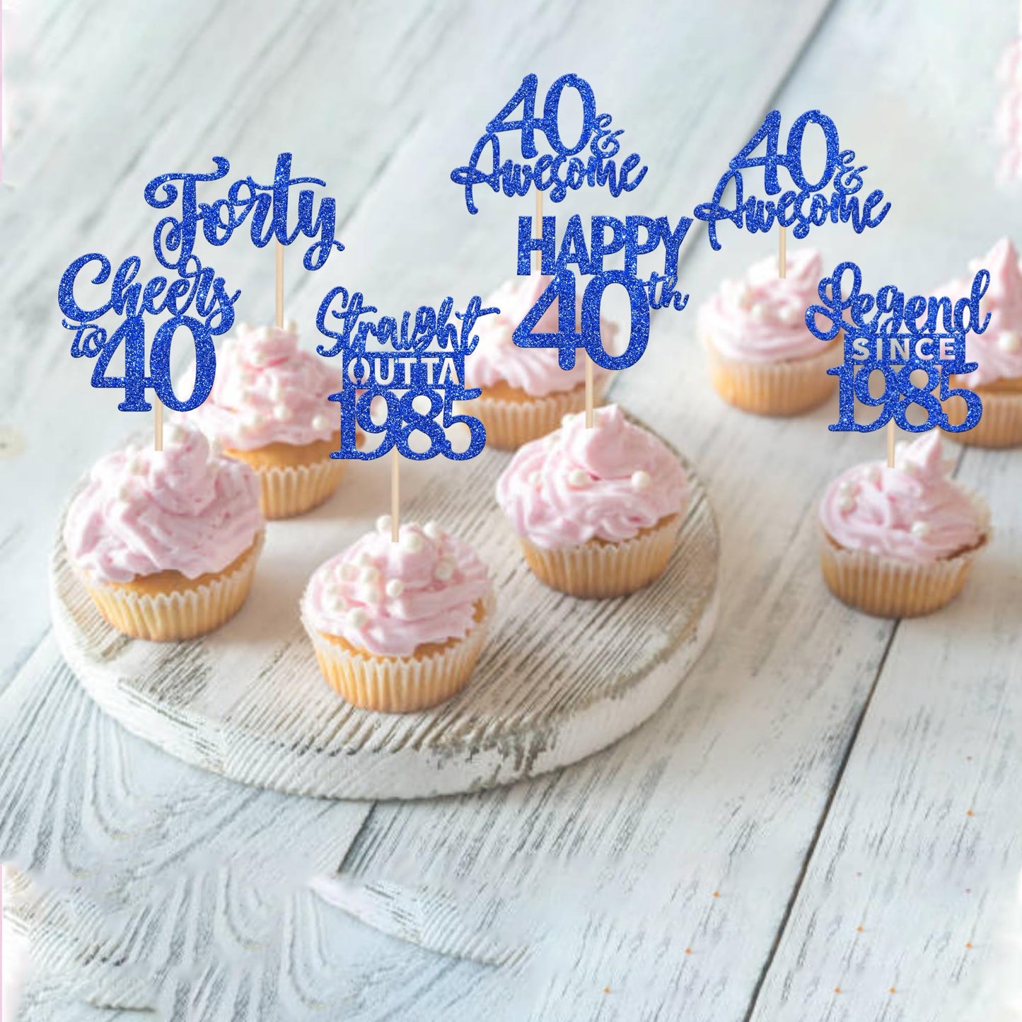 24Pcs Blue Happy 40Th Birthday Cupcake Toppers Forty Straight Outta 1985 Cupcake Picks Cheers To 40 Lengend Since 1985 Cake Deco