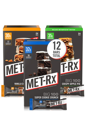 Met-Rx Big 100 Colossal Protein Bars Variety Pack, Super Cookie Crunch, Vanilla Caramel Churro, And Crispy Apple Pie Flavors, Brown, 12 Count