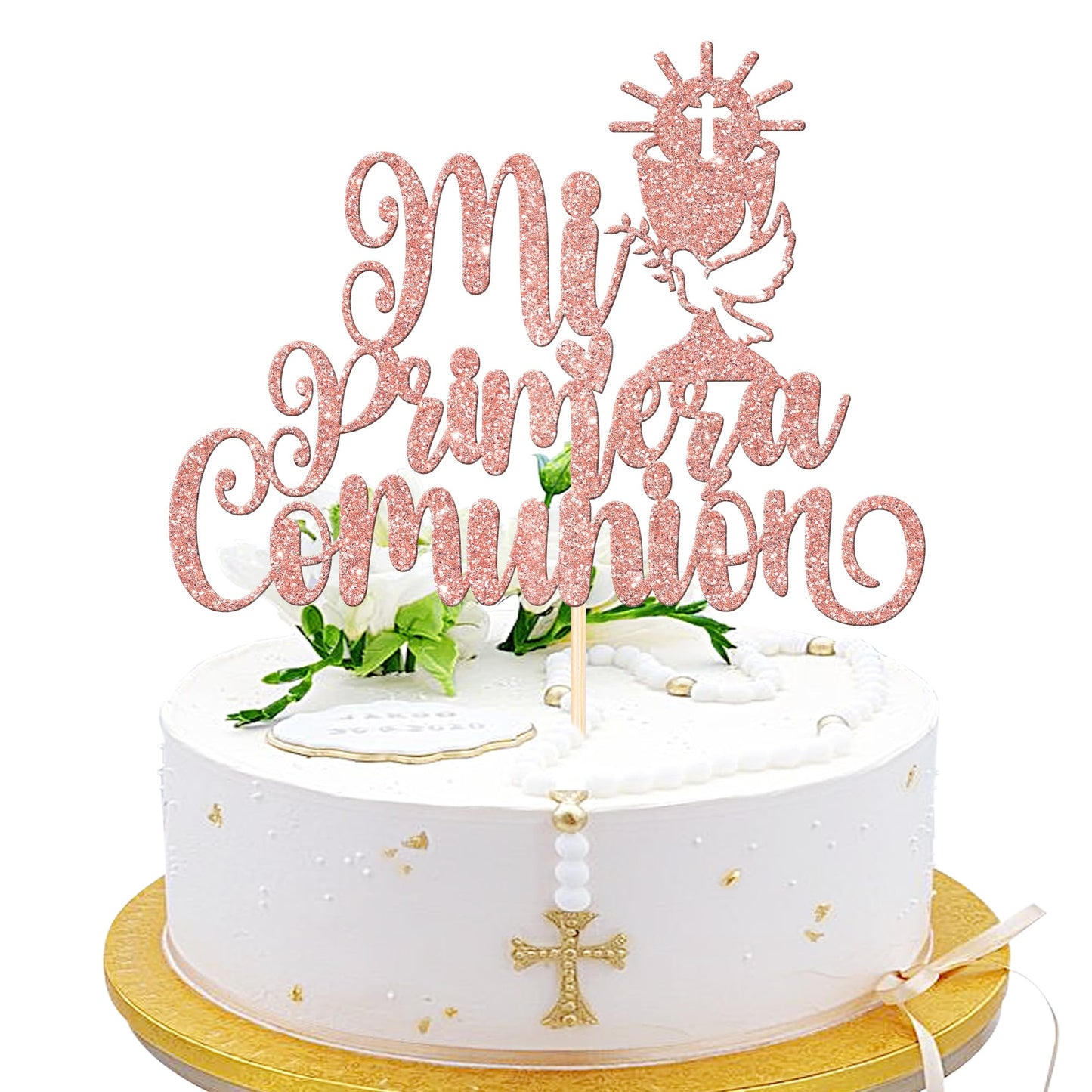 ZHUOWEISM Cake Topper - 1 PCS Dove Glitter for First Communion, Rose Gold, Paper Decoration for Baptism and Christening Parties