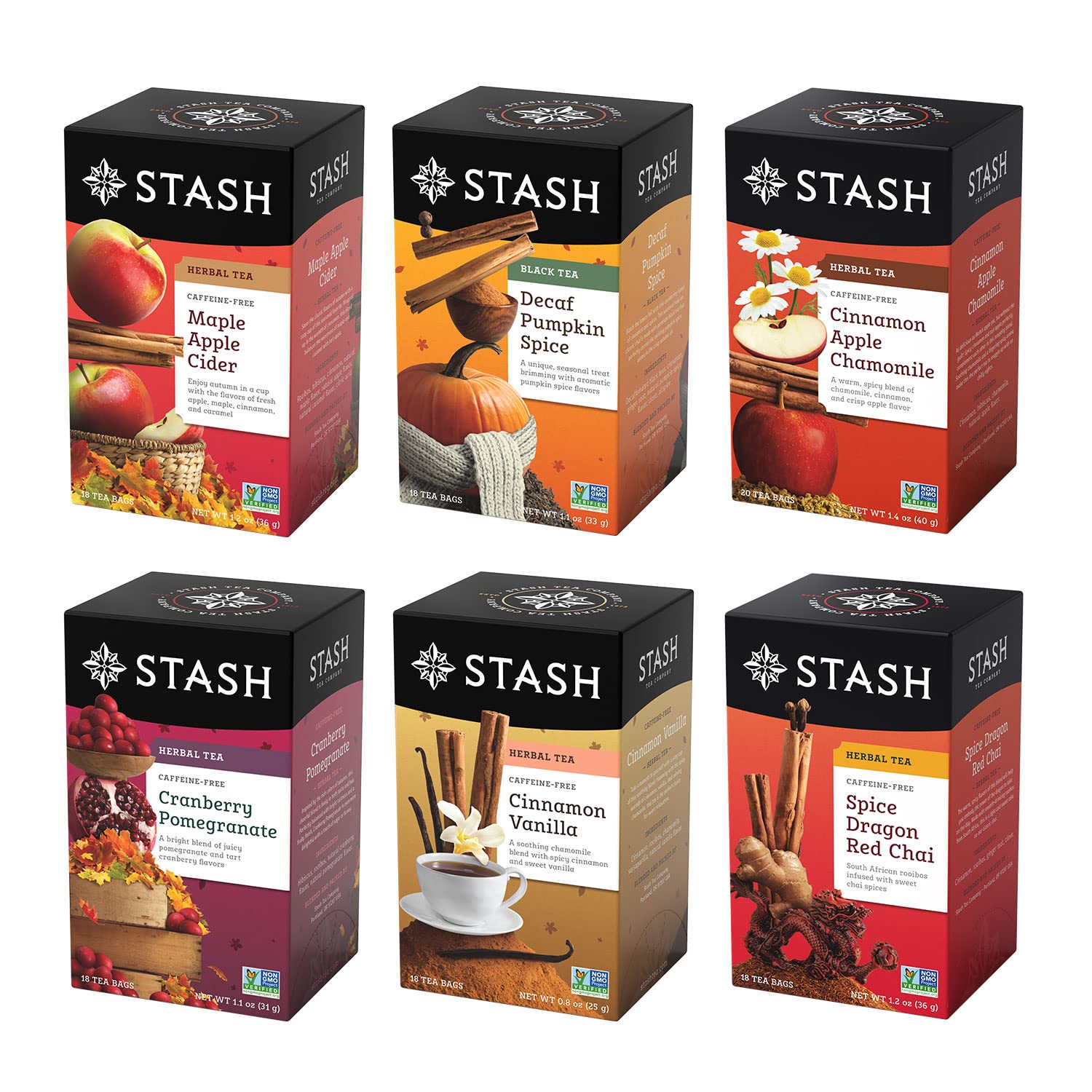 Stash Tea Fall for Autumn Sampler - 6 Boxes, 20 Tea Bags Each, Total 120 Bags, Model 77821, Autumn Flavor